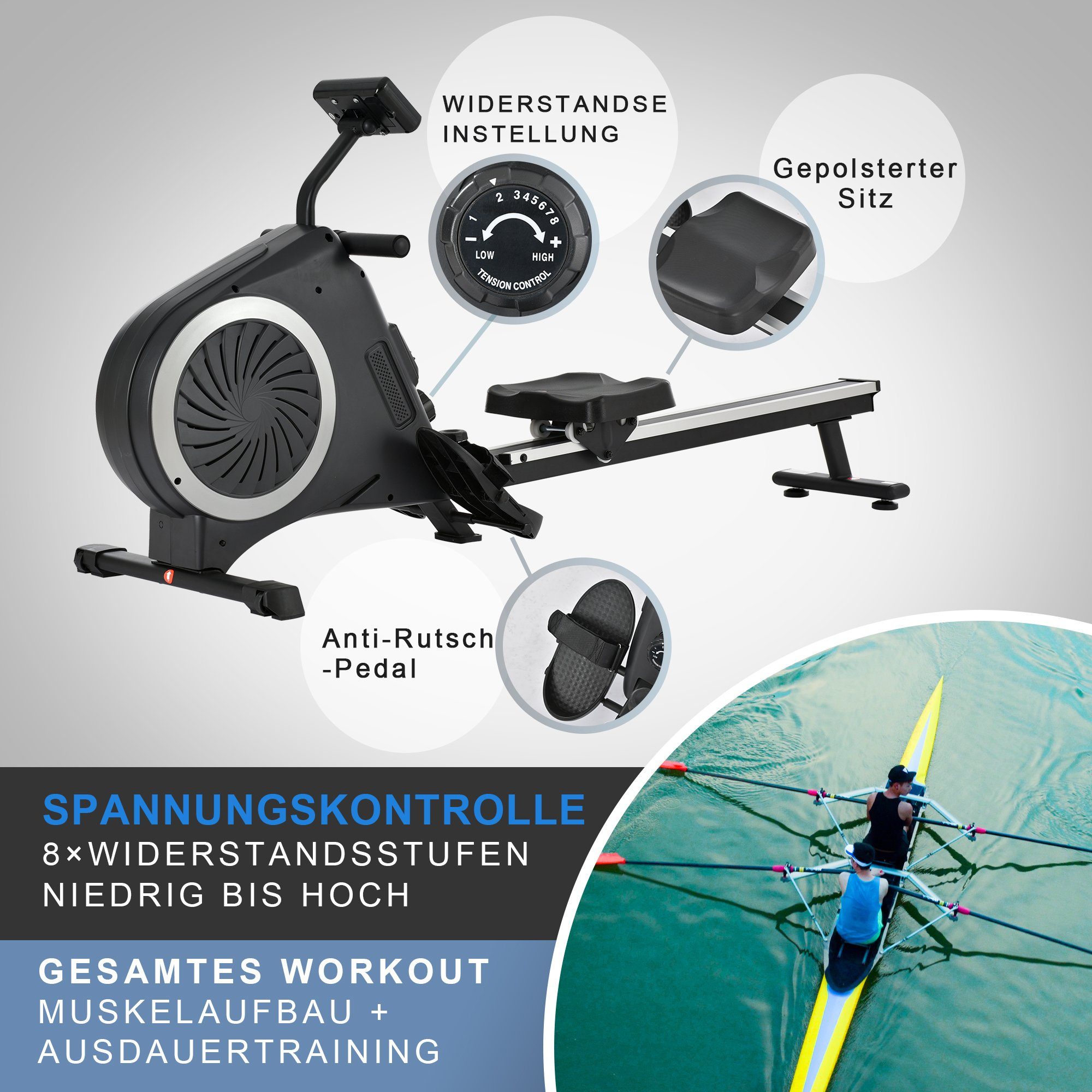 WISHDOR Rudergerät Luft+Magnetisches Rudergerät für den Heimgebrauch Indoor Faltbares (Gerätehalter, Aluminiumlegierung Gleitschiene, LCD-Monitor, Silber, Leicht zu verstauen, Gleitwinkel der Gleitschiene), Rudergerät mit 8-stufig einstellbarem Lüfte