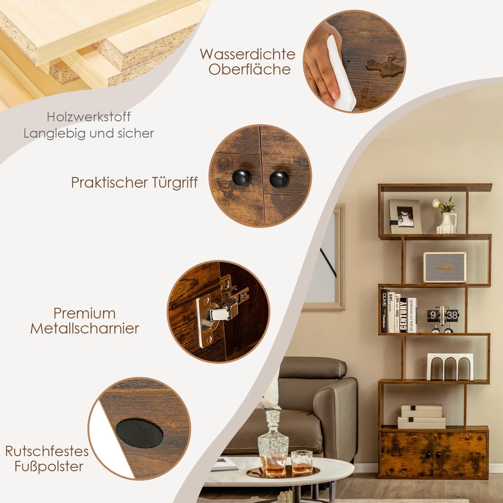 COSTWAY Bücherregal 6 Ebenen Standregal, 183 x 70 x 23 cm, aus Holz
