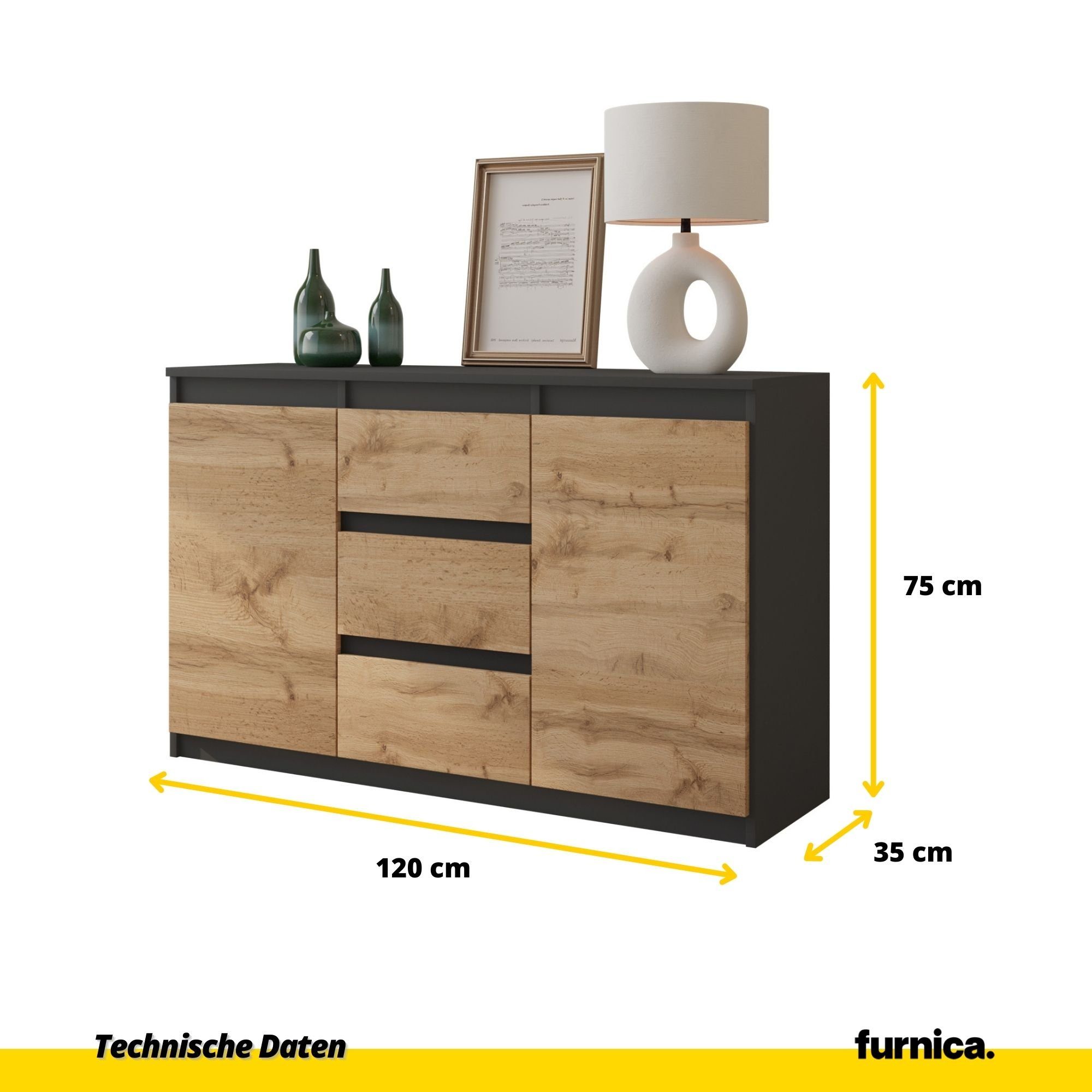Furnica Kommode MIKEL, 3 Schubladen und 2 Türen - Anthrazit Grau H75cm B120cm T35cm (1 St)