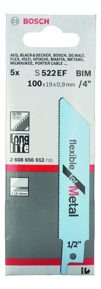 Bosch Blue Accessories 2608656012 S522EF Flexibles Säbelsägeblatt für Metall, 100 mm, 5 Stück