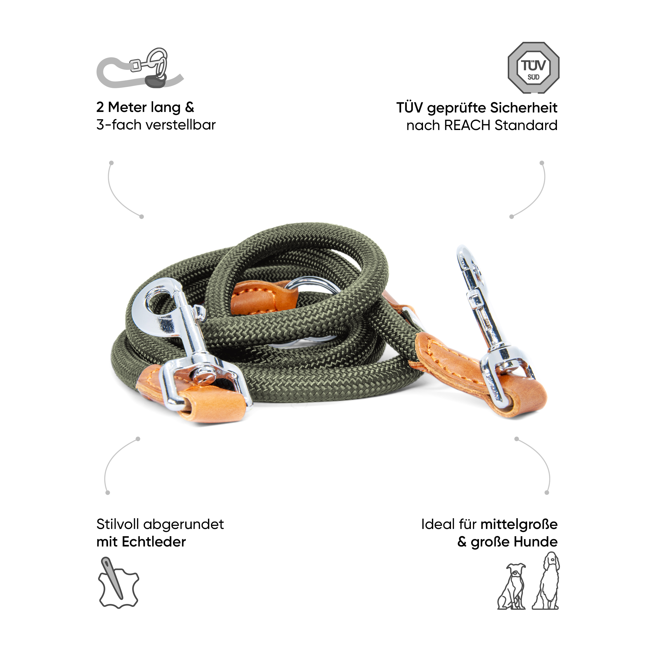Freudentier Hundeleinen Freudentier runde Hundeleine 2m, 3-fach verstellbar