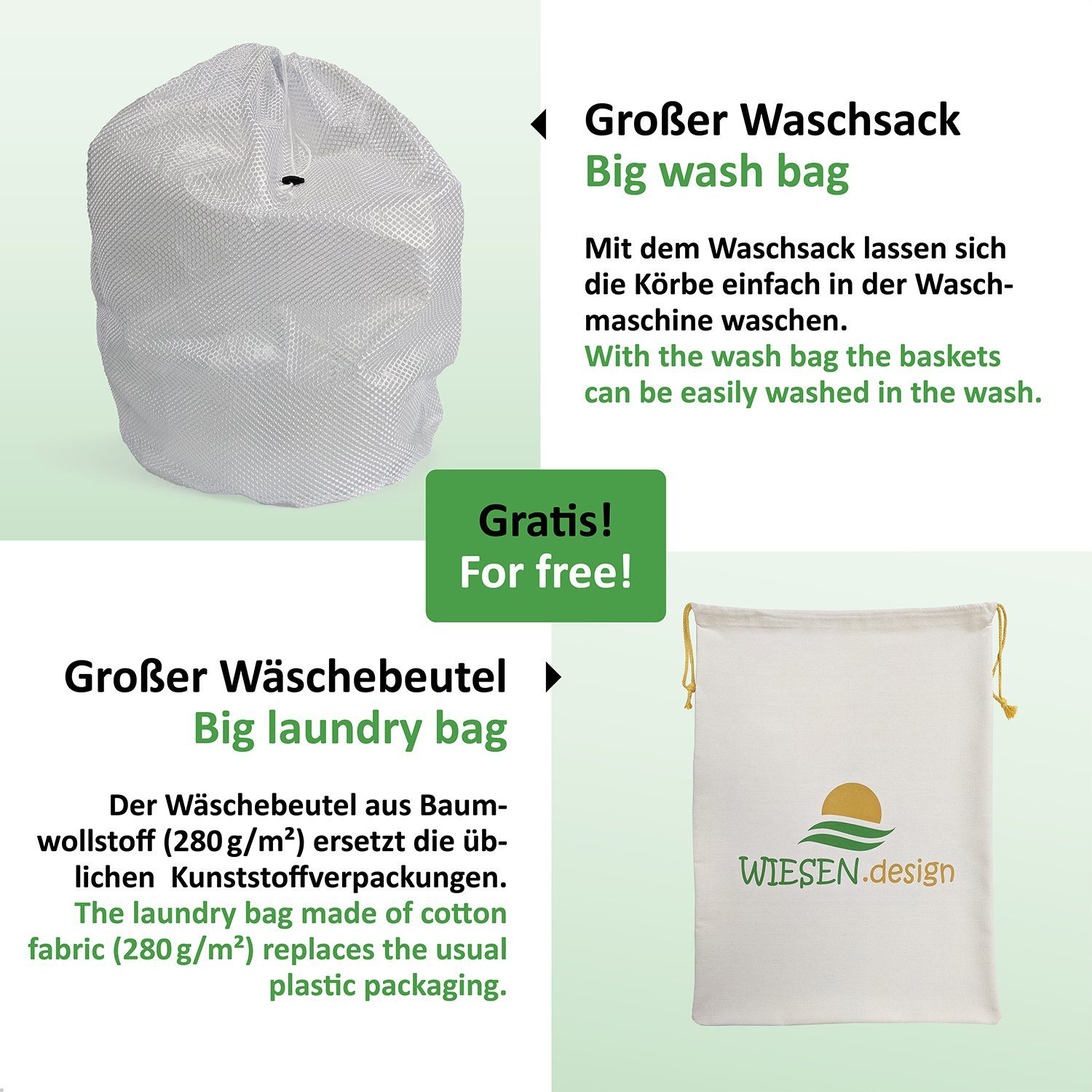 WIESEN.design Wäschekorb Ben Ø41xH46 cm 61L, 100% Baumwolle, Aufbewahrungskorb geflochten, inkl. großem Waschsack und schwerem Wäschesack, gratis Versand
