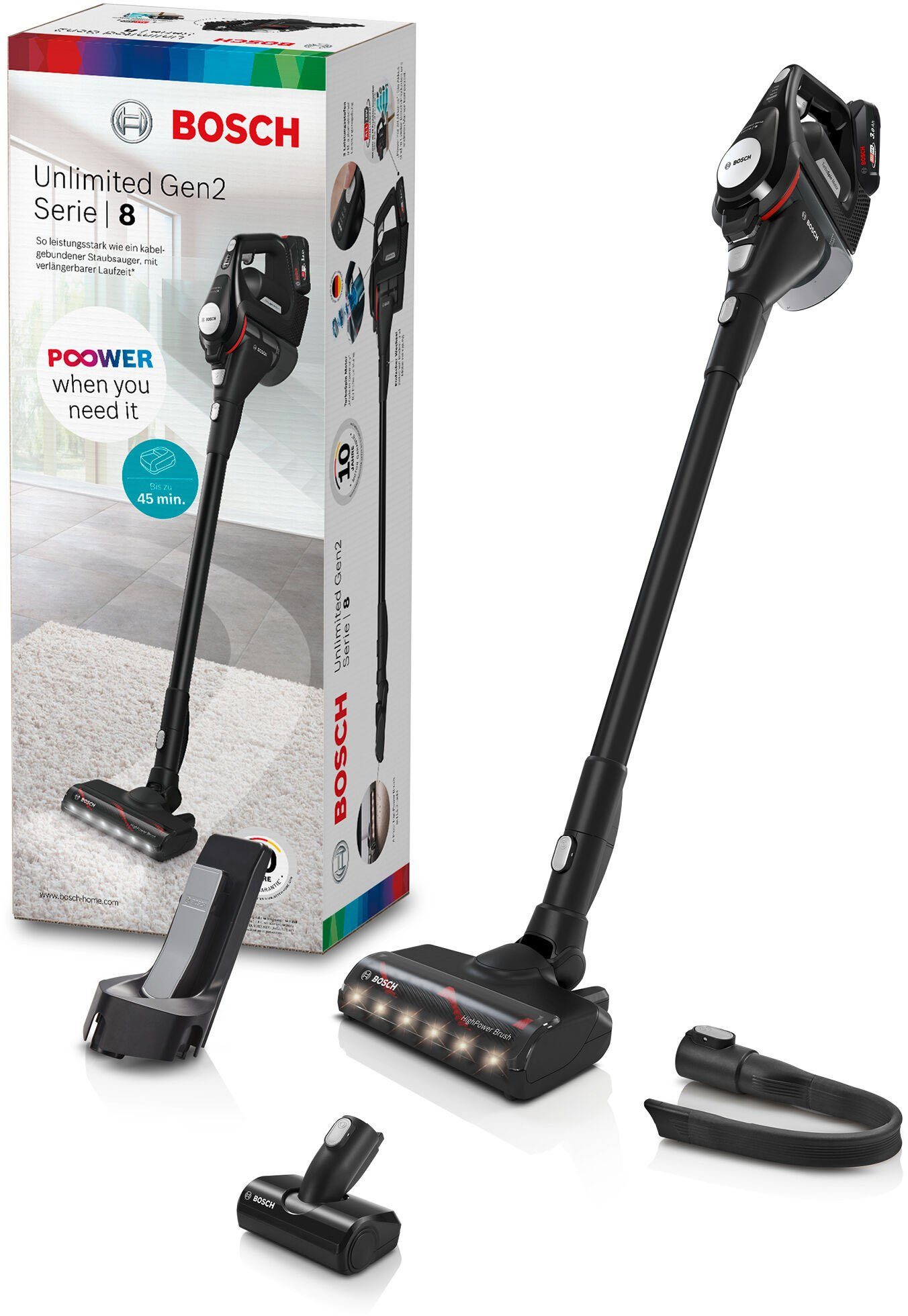 BOSCH Akku-Stielstaubsauger BKS8214T Unlimited Serie, 8 Gen2, beutellos, 45 Min Laufzeit, inkl. elektrische Minidüse und flexibler Fugendüse