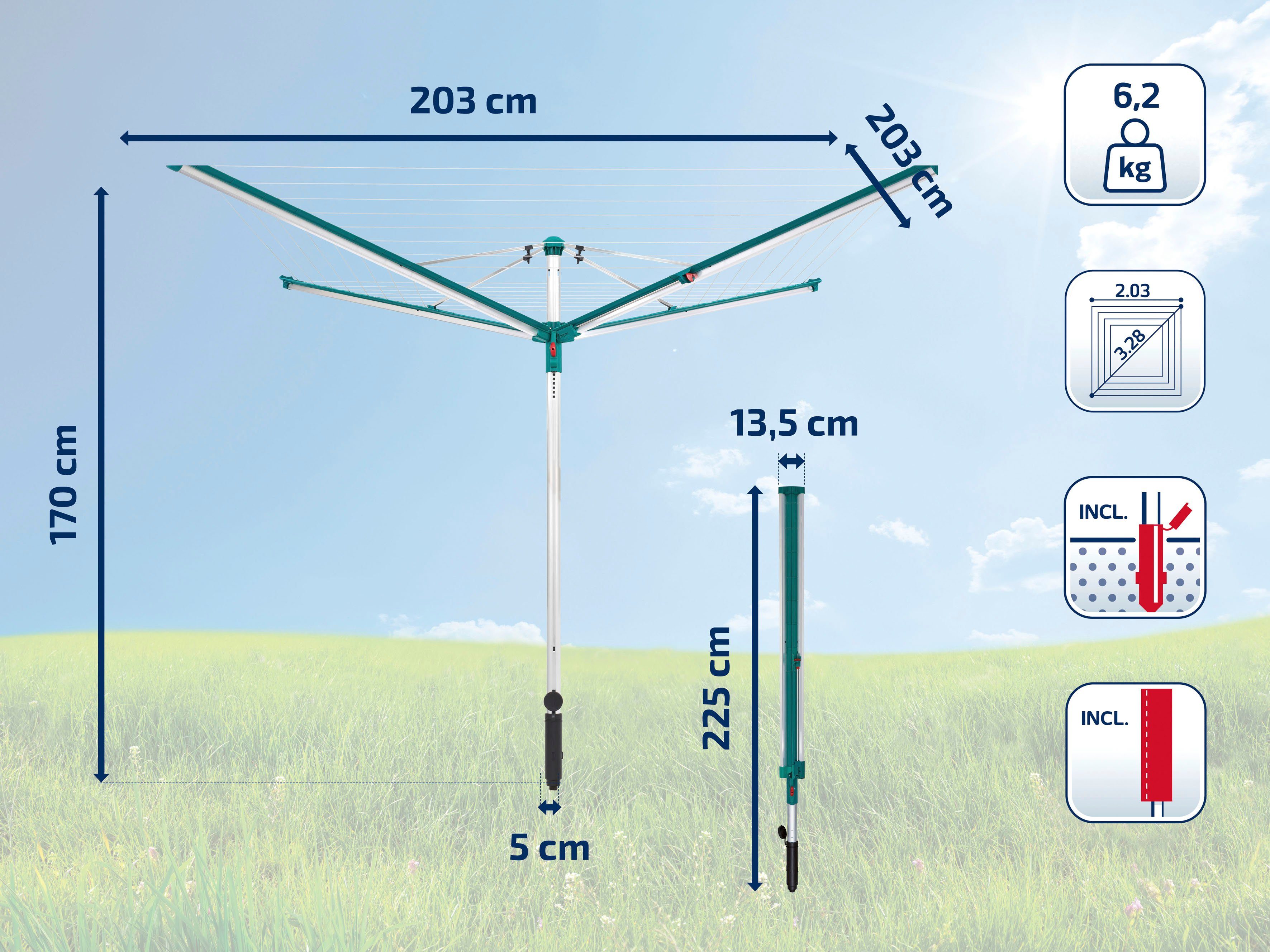 Leifheit Wäschespinne Linomatic 500 Deluxe Cover, 50 Meter Leinenlänge, Easy-Close-Funktion, incl. Hülle