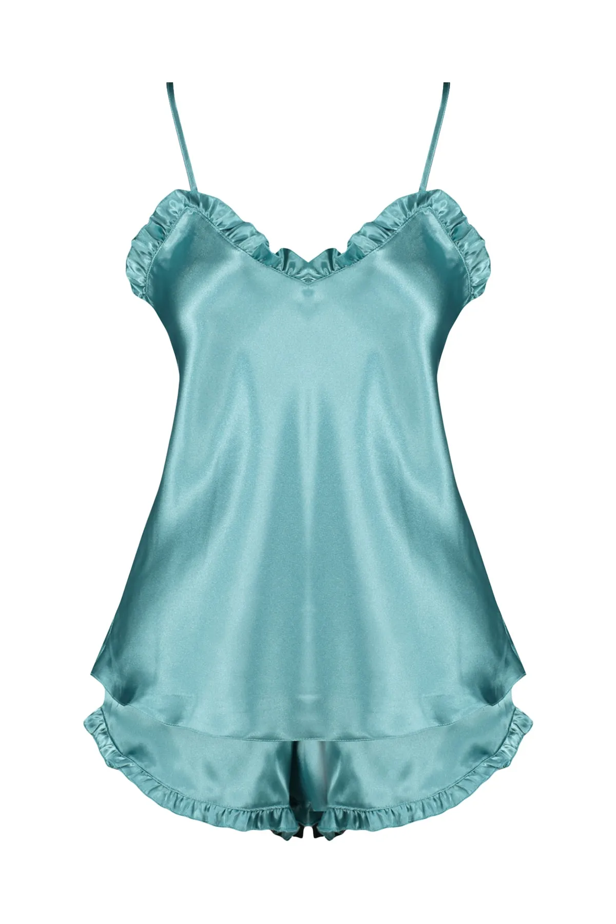 Trendyol Collection  Pyjama-Set aus gewebtem Satin mit Rüschen und Seilträgern in Ölfarbe THMSS22PT0274