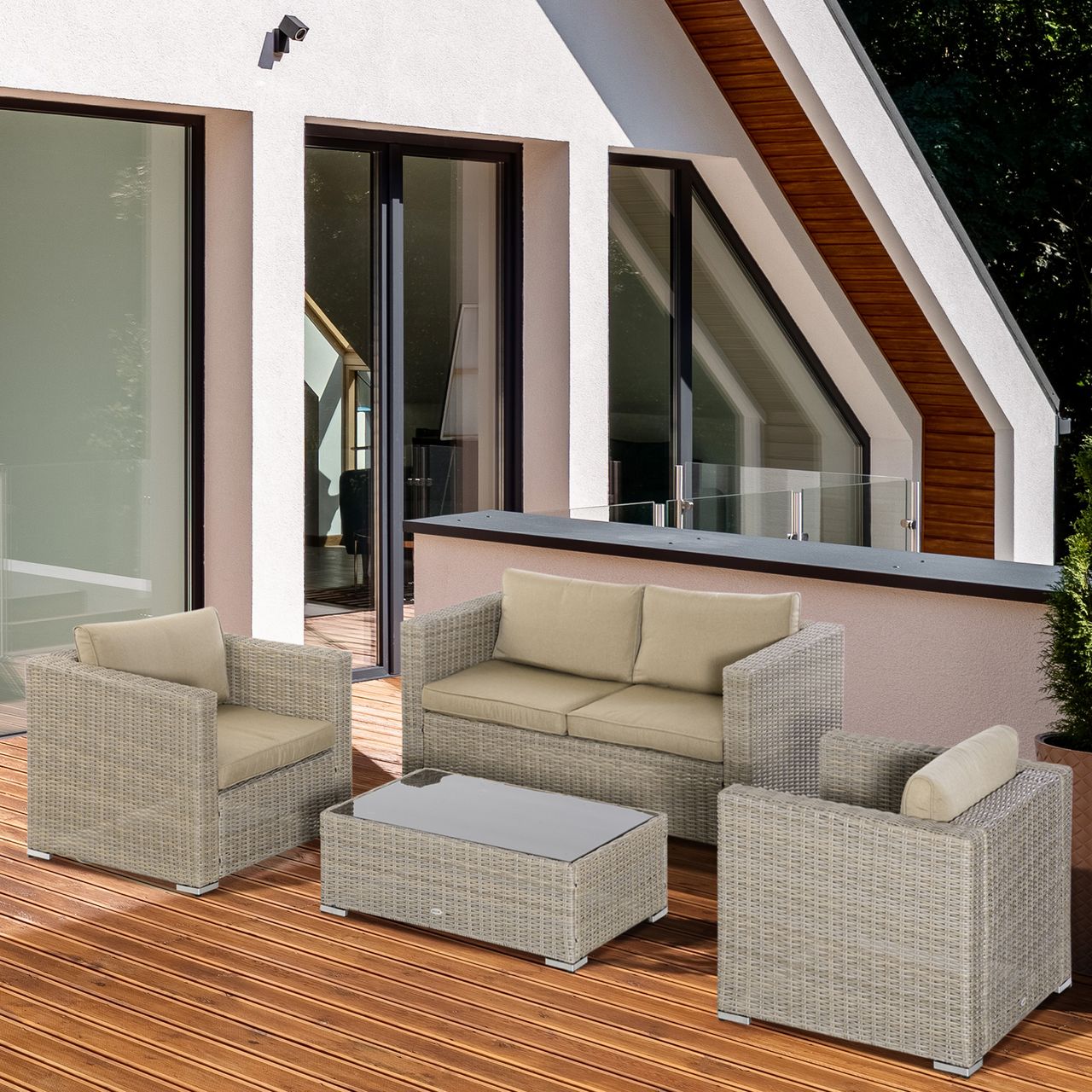 Outsunny 4-tlg. Polyrattan Gartenmöbel Set Gartengarnitur Garten-Set Sitzgruppe Loungeset Loungemöbel mit Couchtisch Sitzkissen Khaki Beige