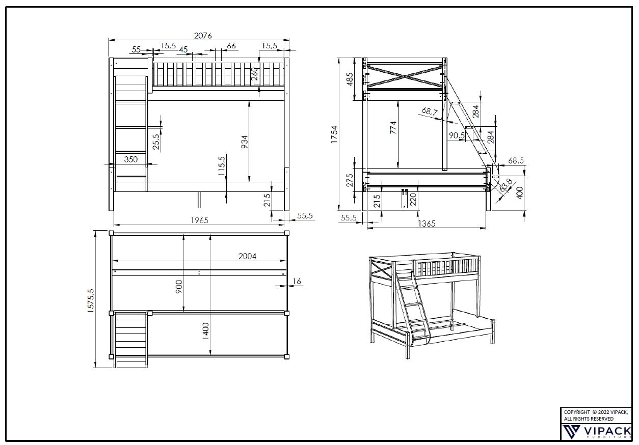 VIPACK SCOTT Familienbett mit Liegefläche 90x200 u. 140x200 cm, inkl. Rolllattenrost u. Leiter, Ausf. Kiefer weiß lackiert