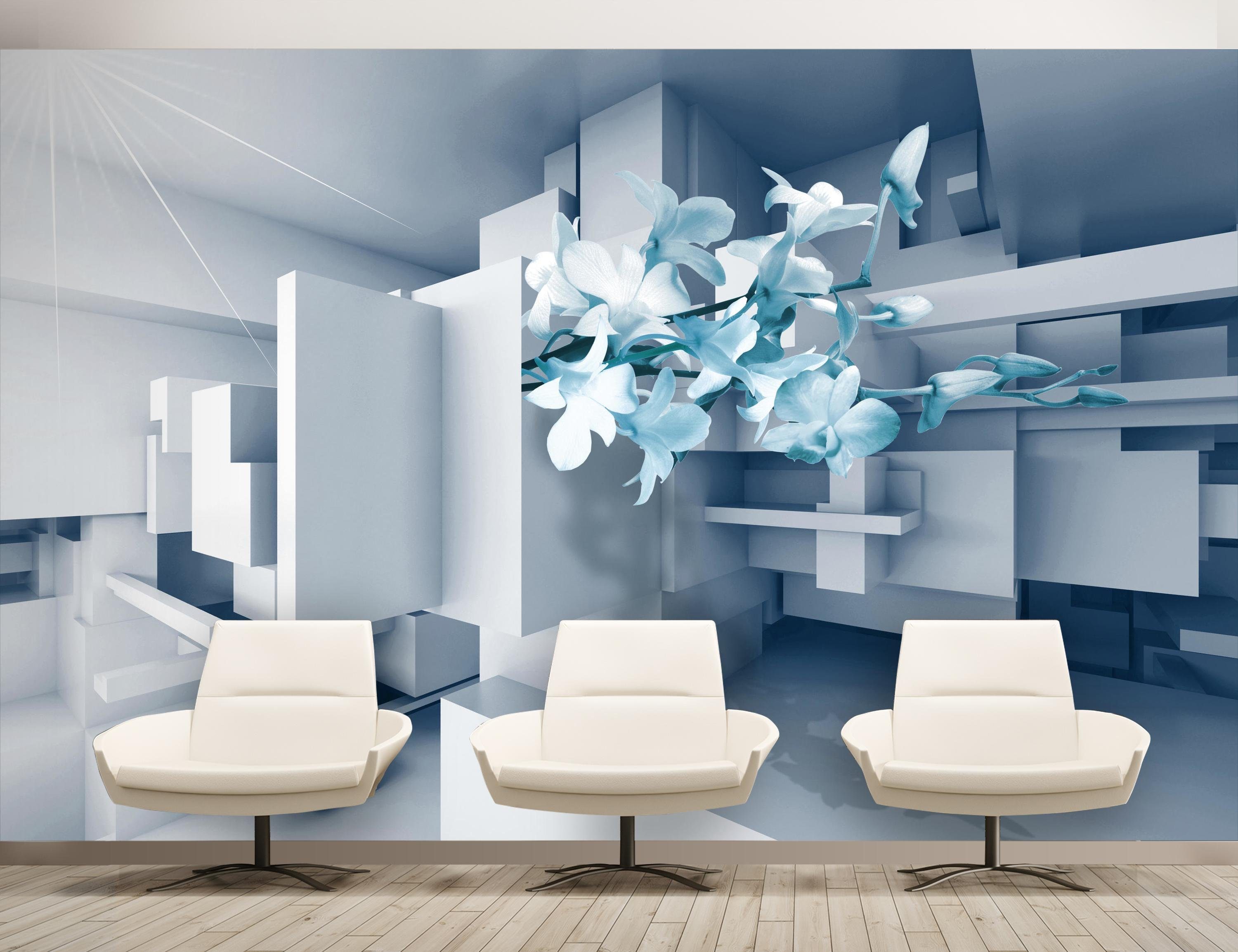 wandmotiv24 Fototapete Orchidee 3D Blau, glatt, Wandtapete, Motivtapete, matt, Vliestapete