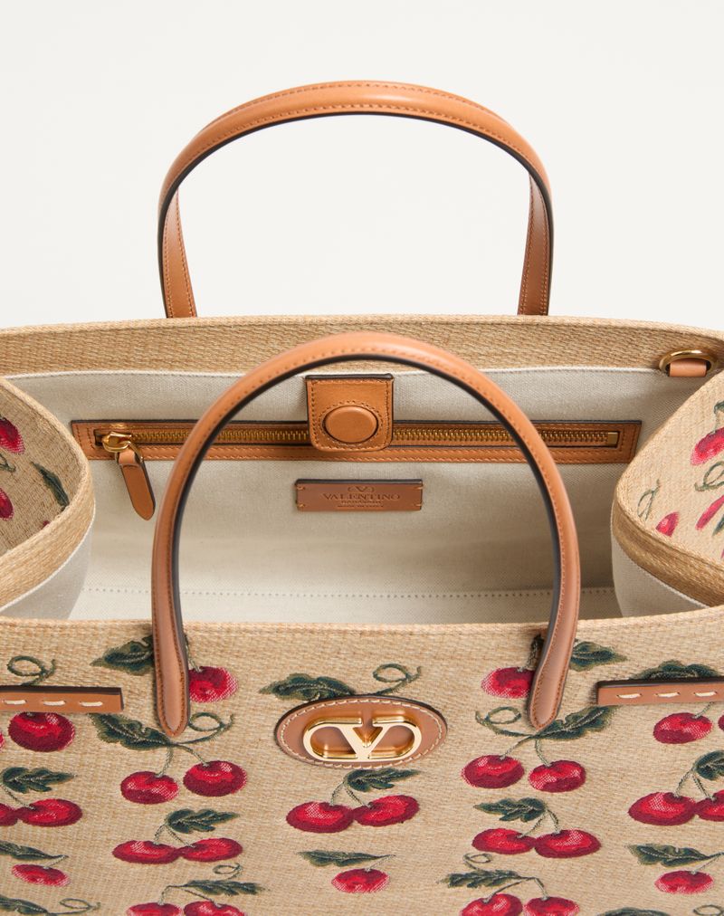 Borsa Shopping Media Valentino Garavani Antibes In Rafia Jacquard Con Motivo Cherryfic