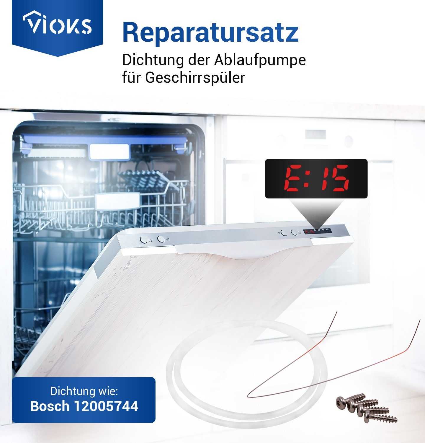 VIOKS Montagezubehör Geschirrspüler Dichtung Set für Pumpentopf wie Bosch 12005744 (Set, 1 St., 1xDichtung, 1xDraht, 4xSchrauben), 182mmØ für Geschirrspüler