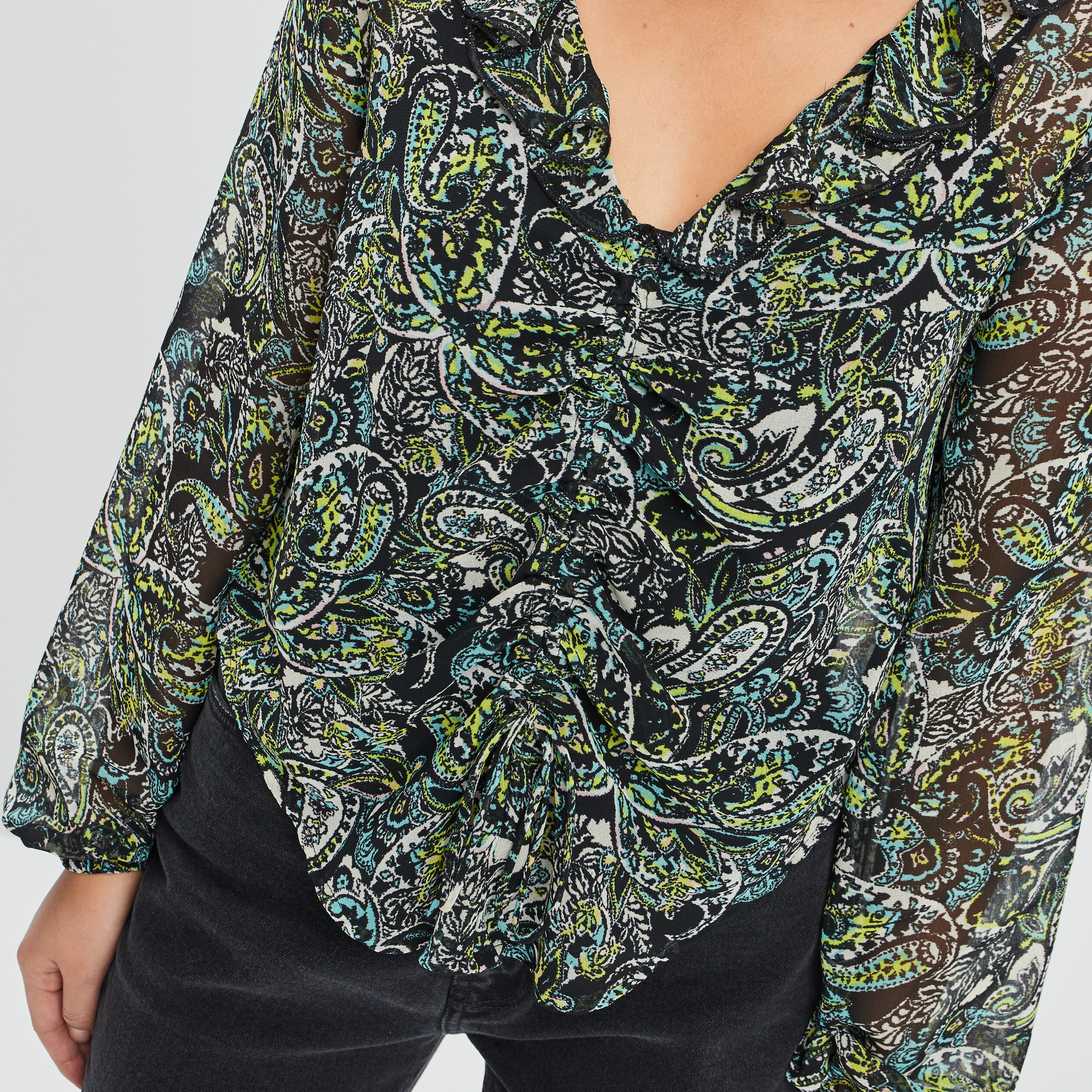 Blouse manches longues col volanté noir femme | La Halle