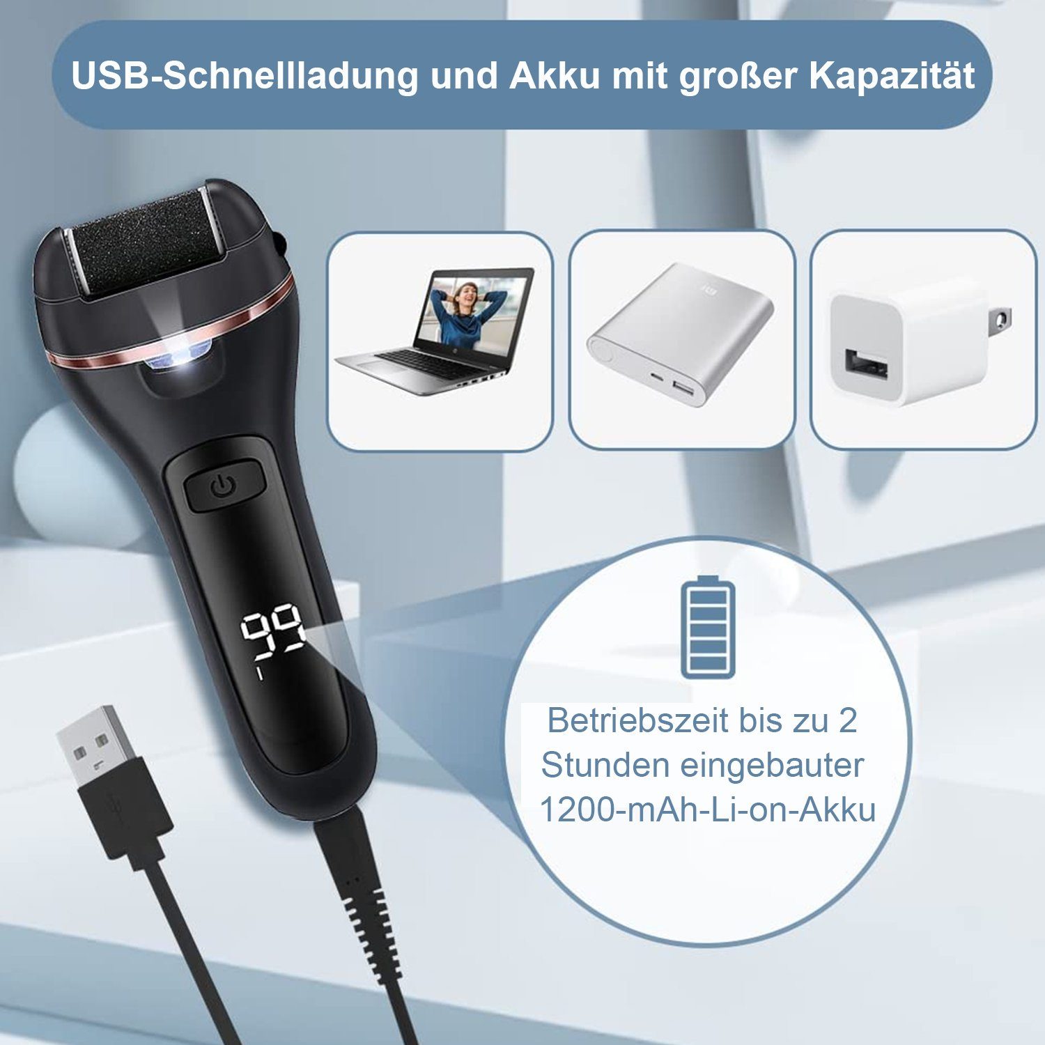 Kpaloft Elektrischer Hornhautentferner, Pediküre-Set 3 Ersatzwalzen 2 Modi USB