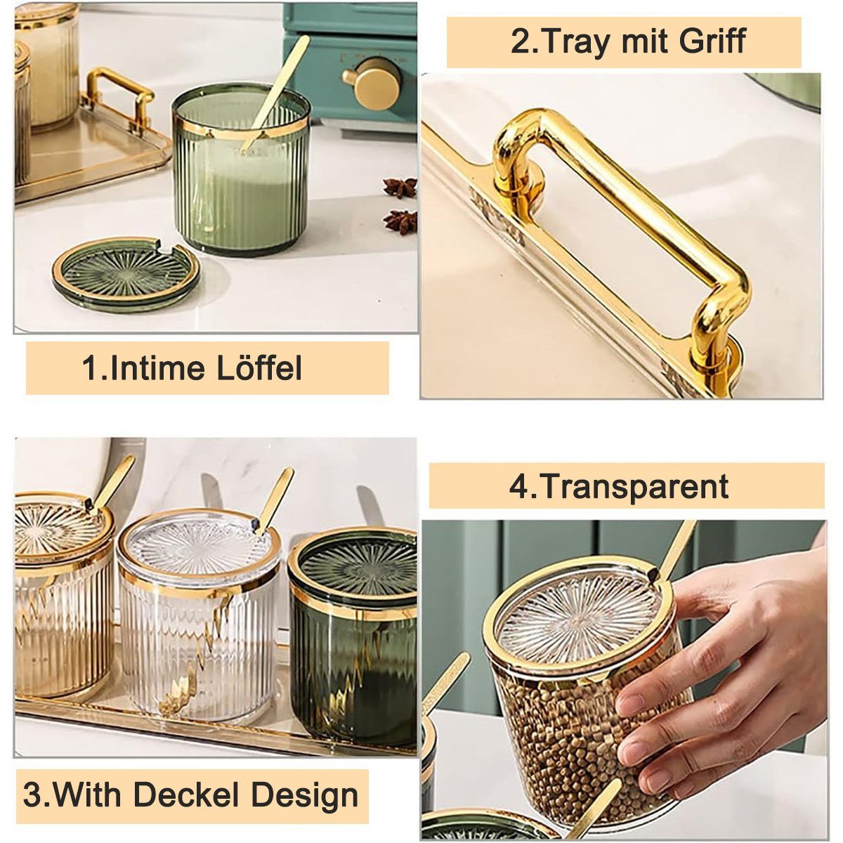 FeelGlad Gewürzbehälter Gewürzdose aus Acryl, Gewürzdose mit Deckel, Löffel und Tablett
