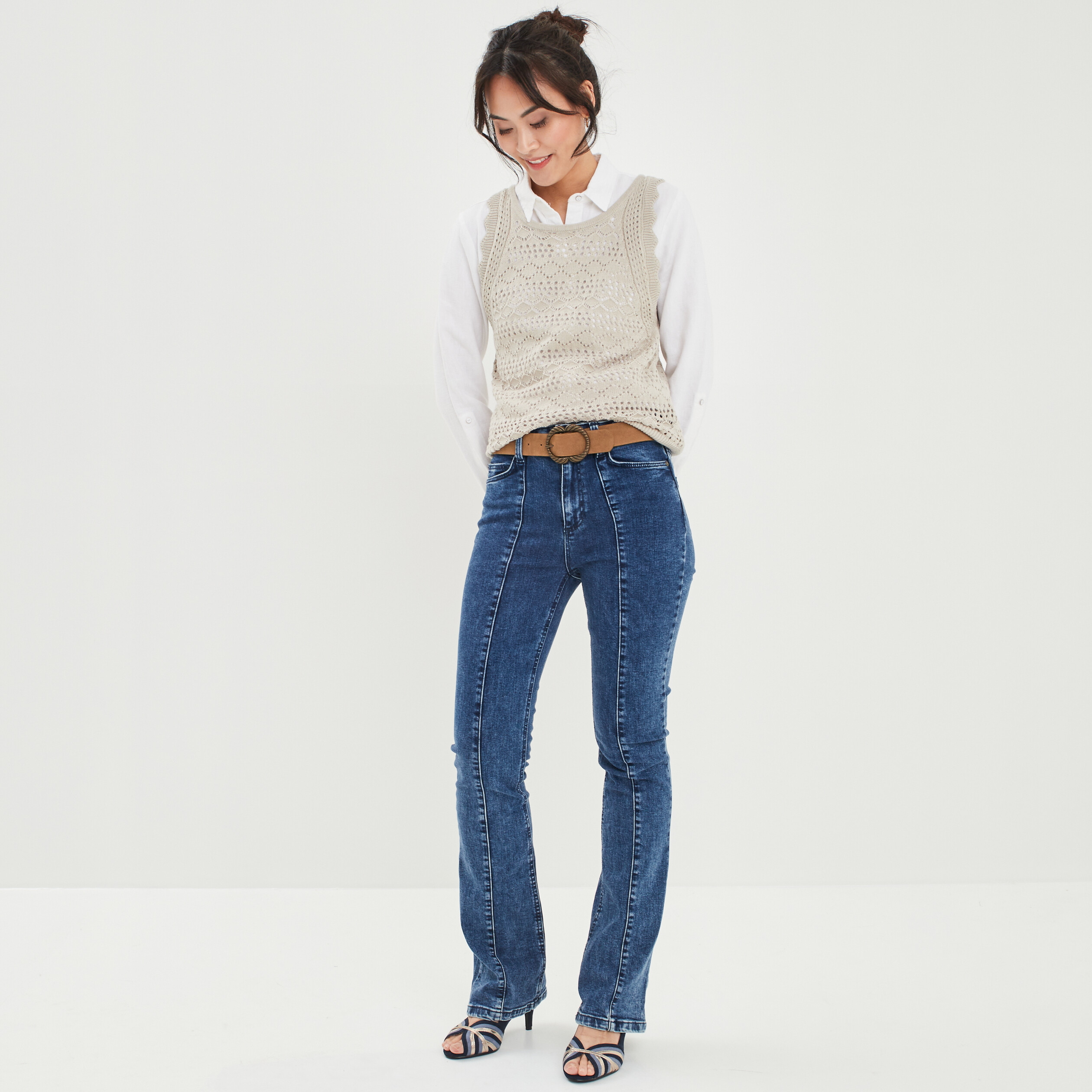 Jeans bootcut taille haute ceinturé denim brut femme | La Halle