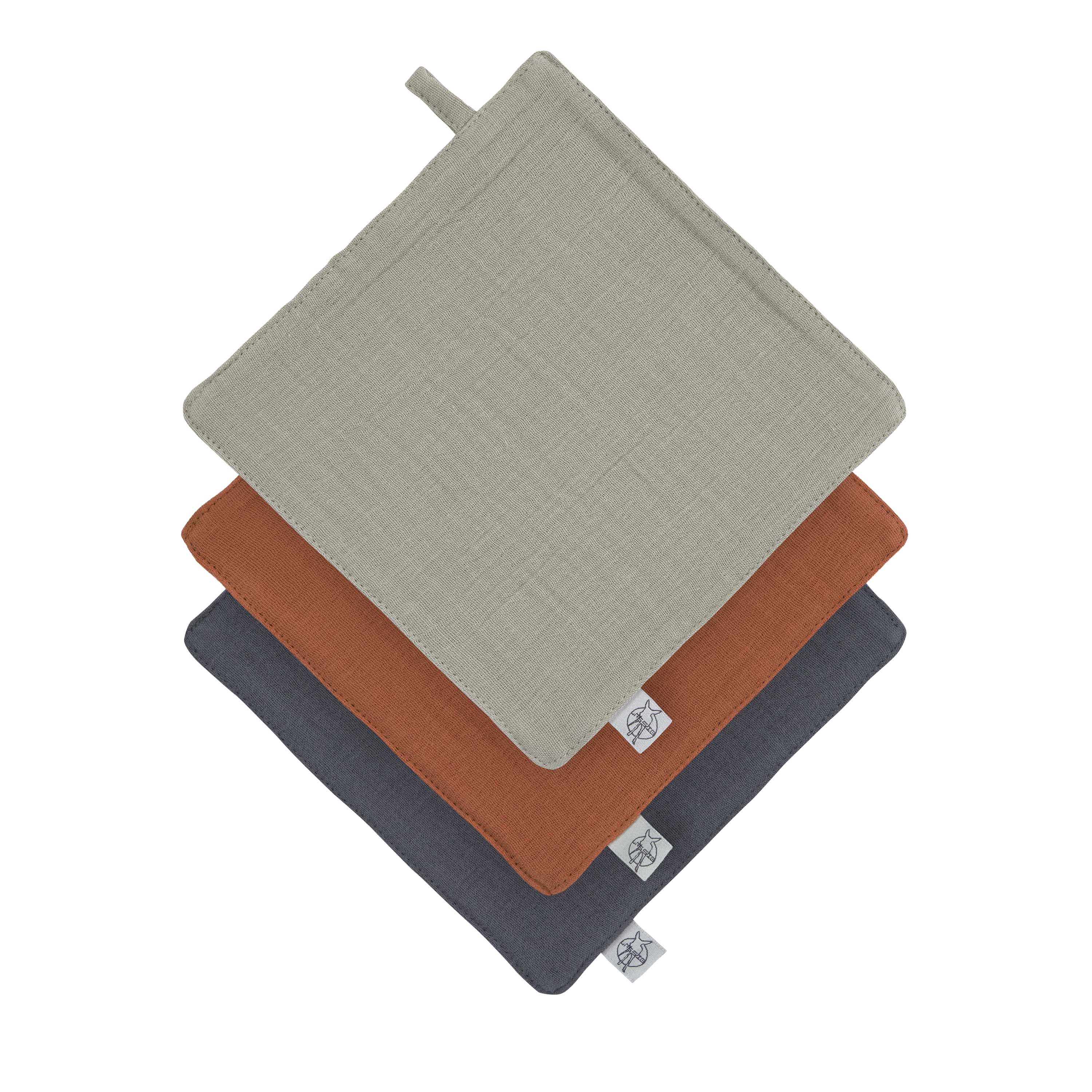 Mull Waschlappen Baby 3er Set, Oliv Rostrot Anthrazit