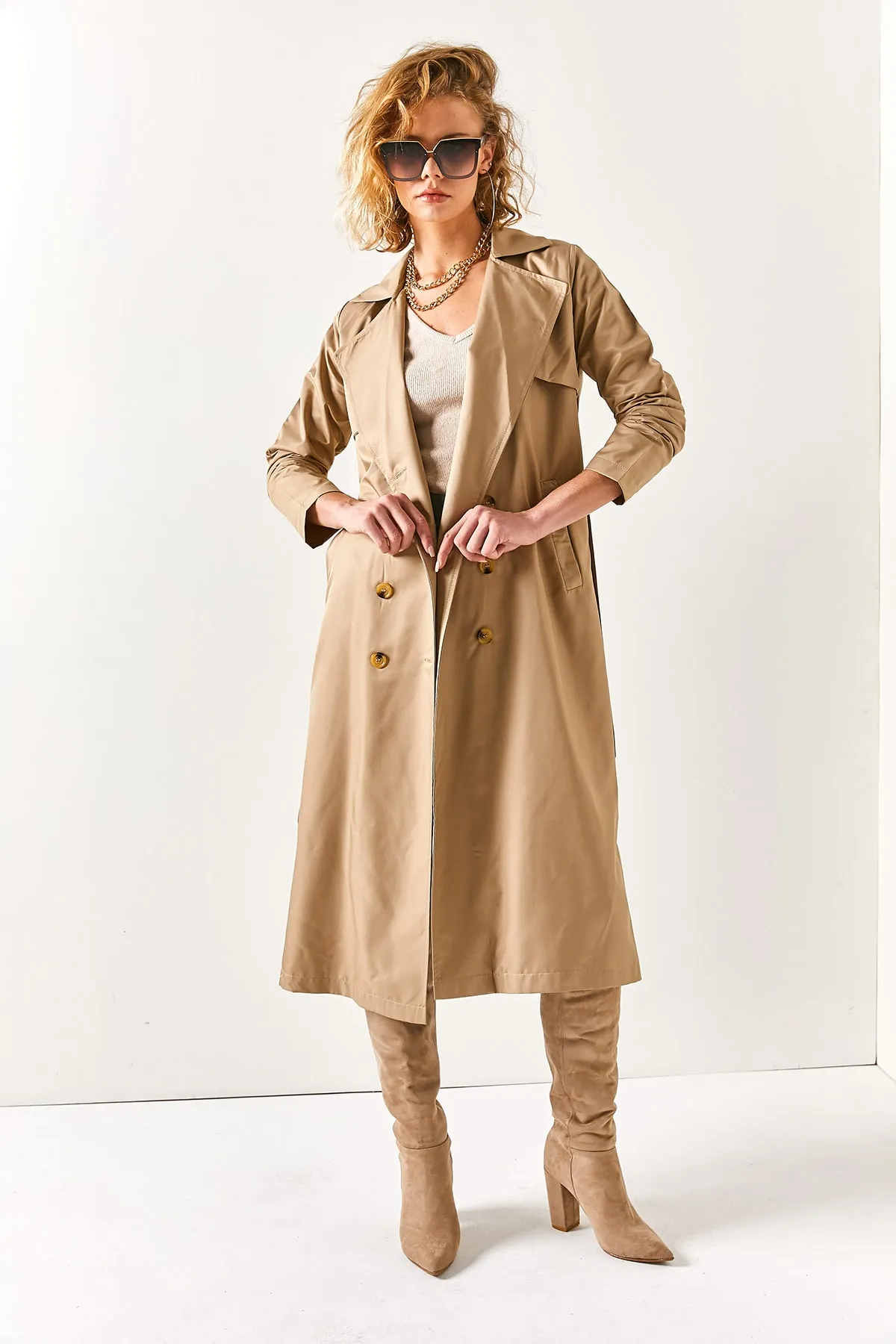 Olalook  Damen Trenchcoat mit Nerztasche, ungefüttert TRC-00000002