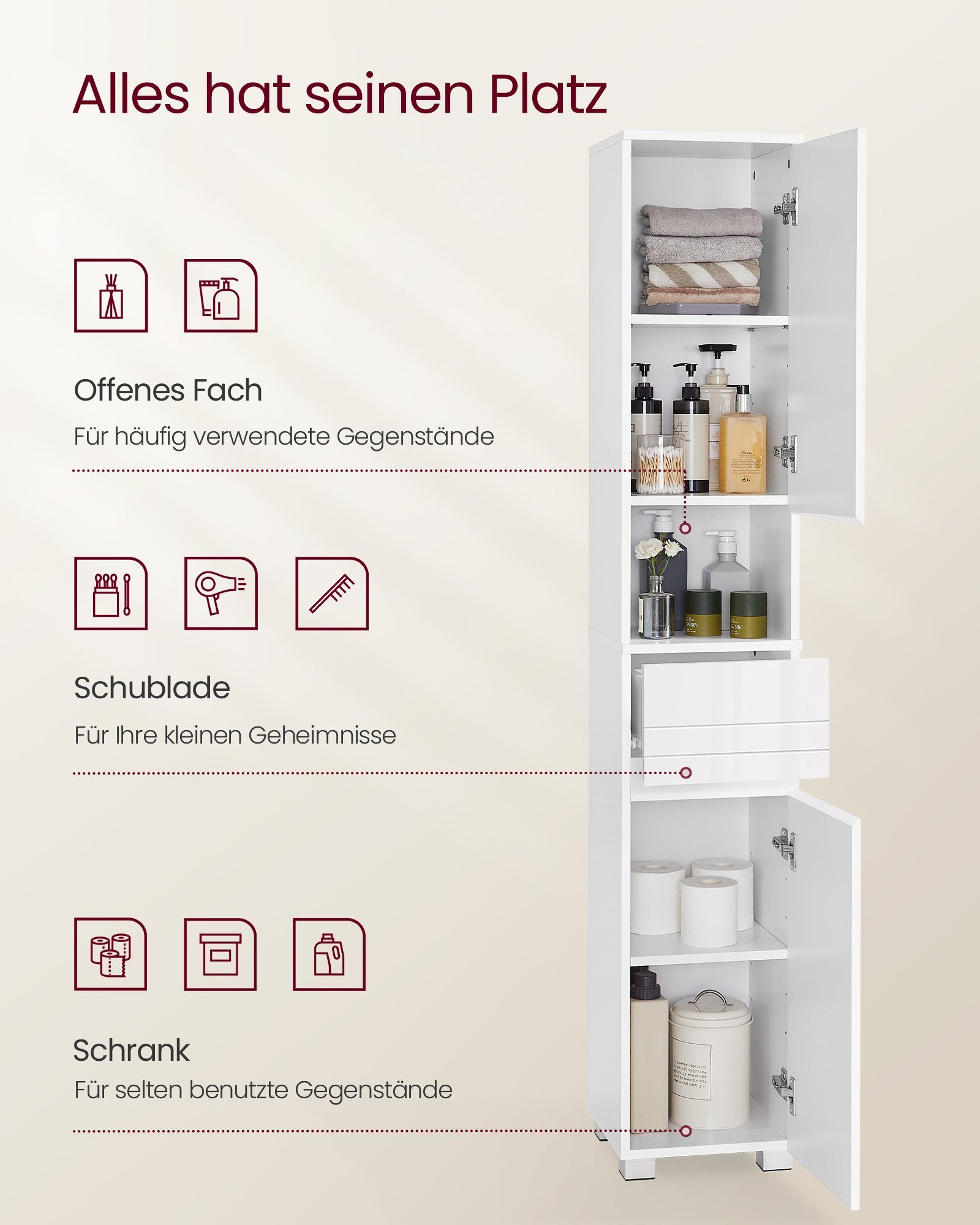 VASAGLE Badkommode Badezimmerschrank, mit einer Schublade, verstellbare Ablagen