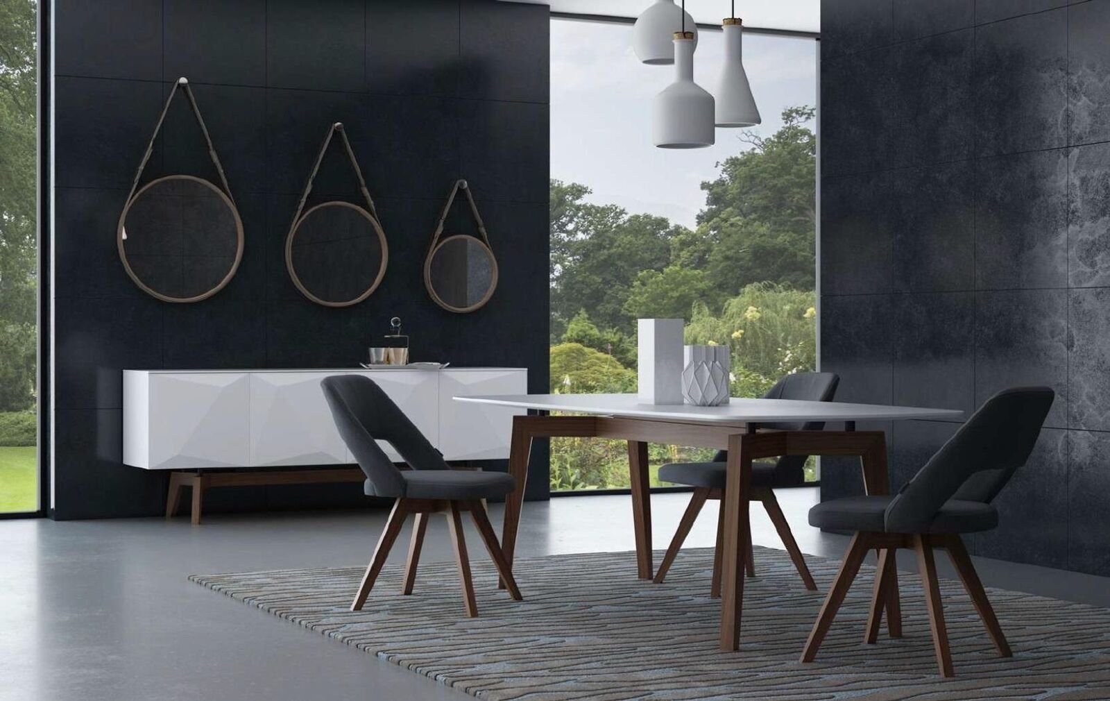 JVmoebel Esszimmer-Set Esszimmergarnitur Luxus Möbel Esstisch Stühle Anrichte Echtholzmöbel, (9-St., Esstisch, Anrichte, 4x Stühle, Spiegel), Made in Europe