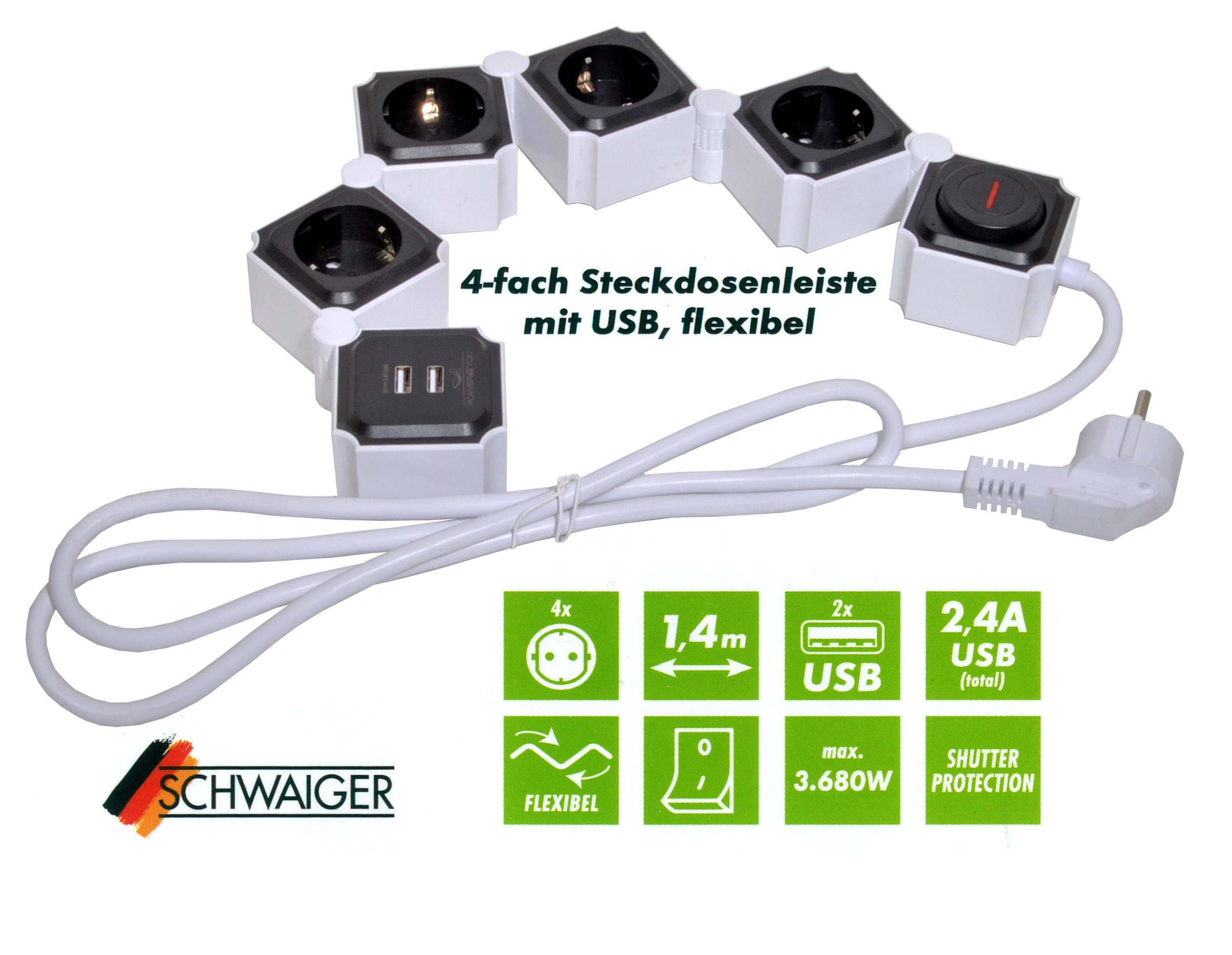Schwaiger 4-fach Steckdosenleiste 2 x USB (4,2A) Schalter Mehrfachstecker Mehrfachsteckdose (Ein- / Ausschalter, USB-Anschlüsse, Schalterbeleuchtung, separate Ein- / Ausschalter, Flexible Einsatz, 1,5M kabel), inkl. 2 x USB 12w