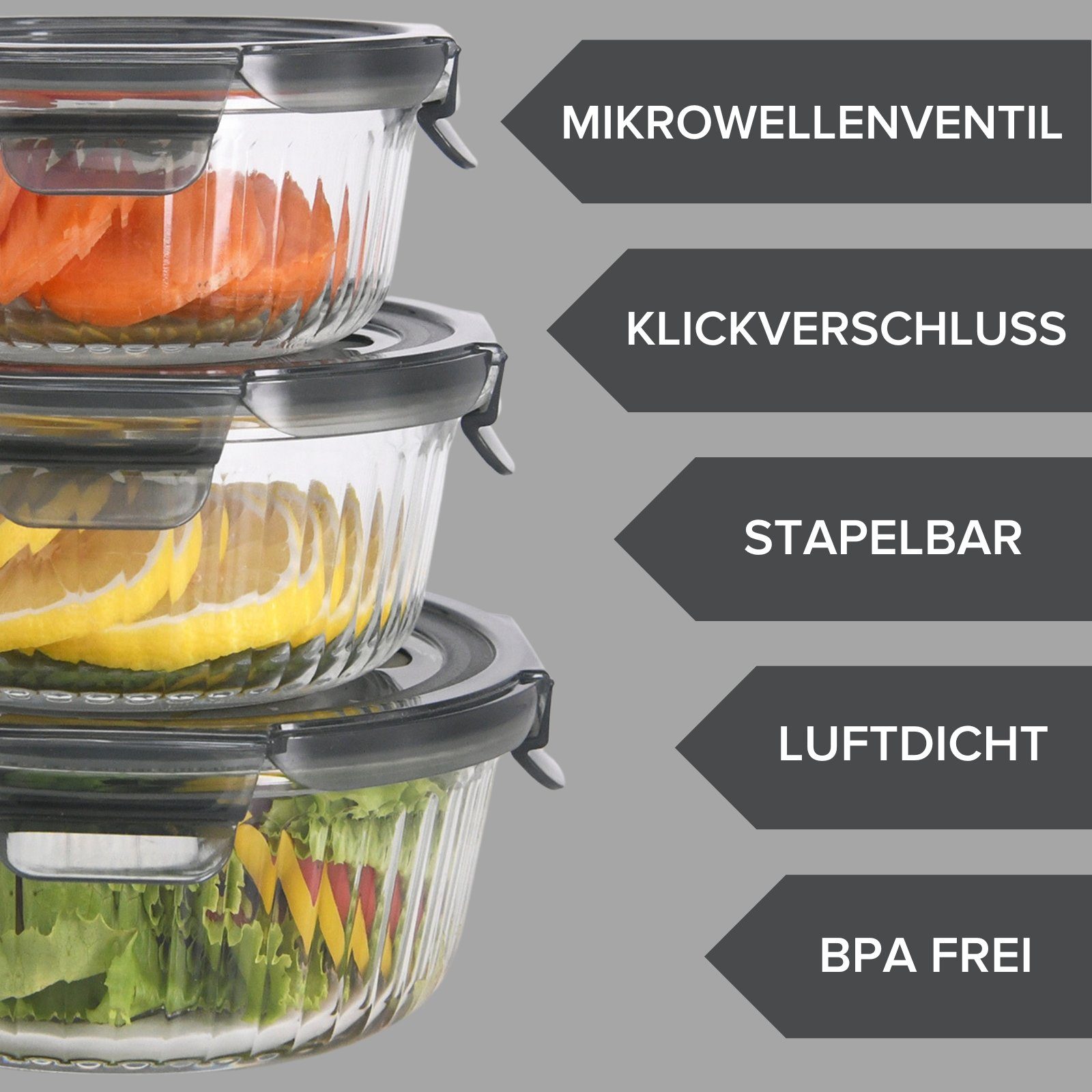 PIE LOCK Vorratsdose Vorratsdosen Glas mit Deckel - Frischhaltedosenset, Borosilikatglas, (PIE LOCK, 3 tlg. rund, Vorratsdosen-Set, Borosilikatglas, Mikrowellendeckel, 400ml, 620ml, 950ml, stapelbar, Frischhaltedose, Brotdose, Meal Prep, 6-tlg., Prem