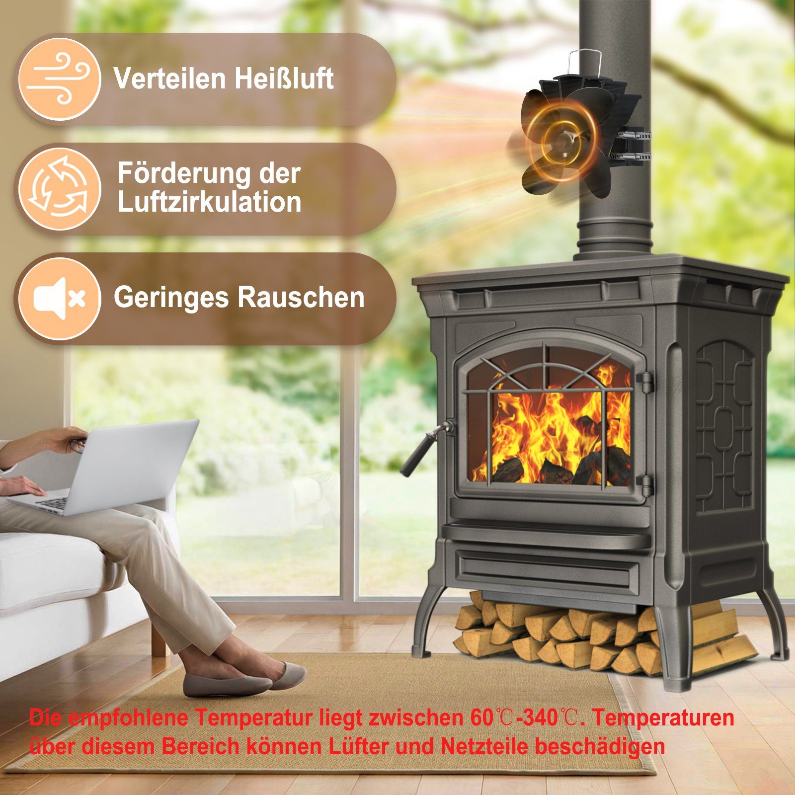 UISEBRT Kaminventilator Ofenventilator Ohne Strom für Ofenrohr, Leiser Kamin Ventilator