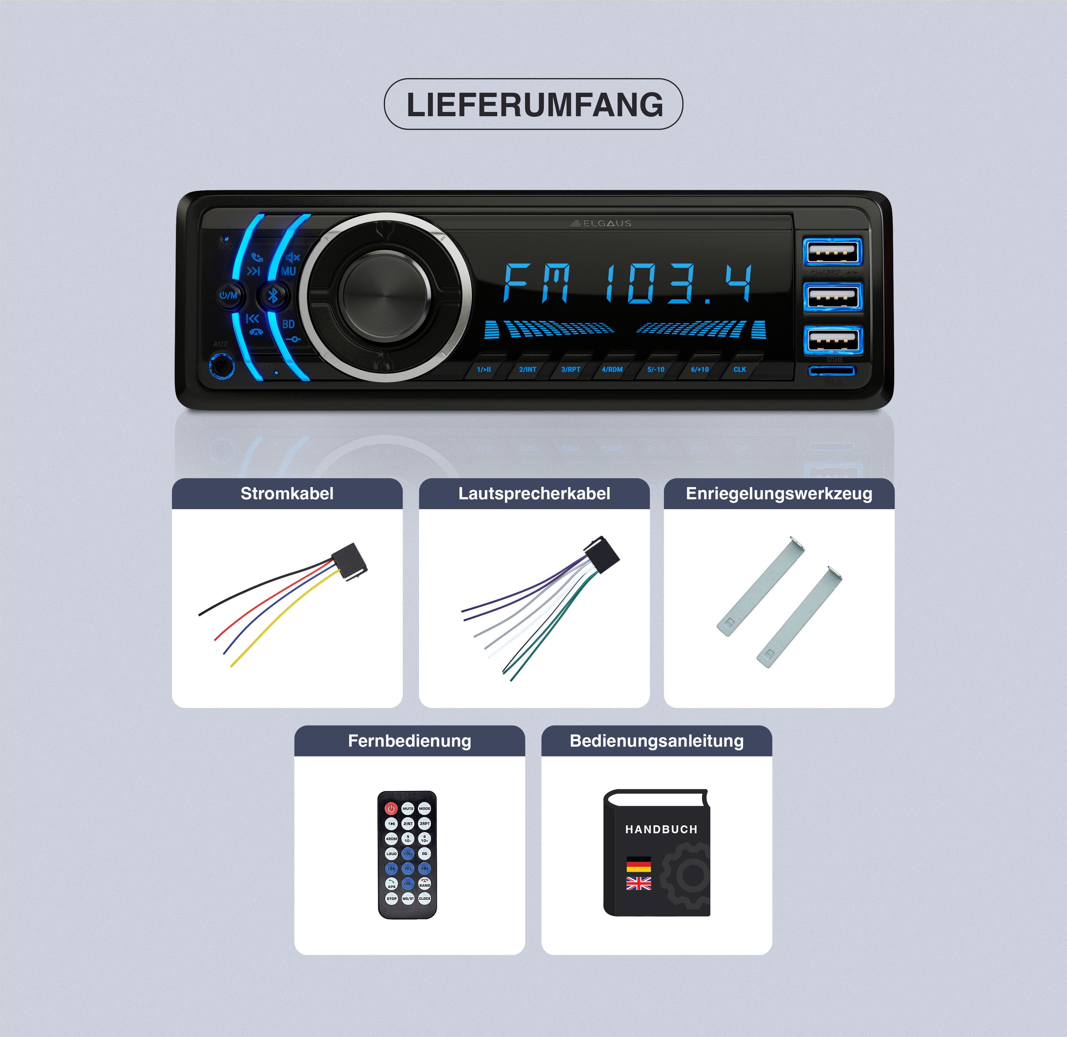 ELGAUS OM-170P 1 Din Autoradio (FM/AM, RDS, Bluetooth, RDS, Fernbedienung, ID3, Appsteuerung, Manual in DE/EN)