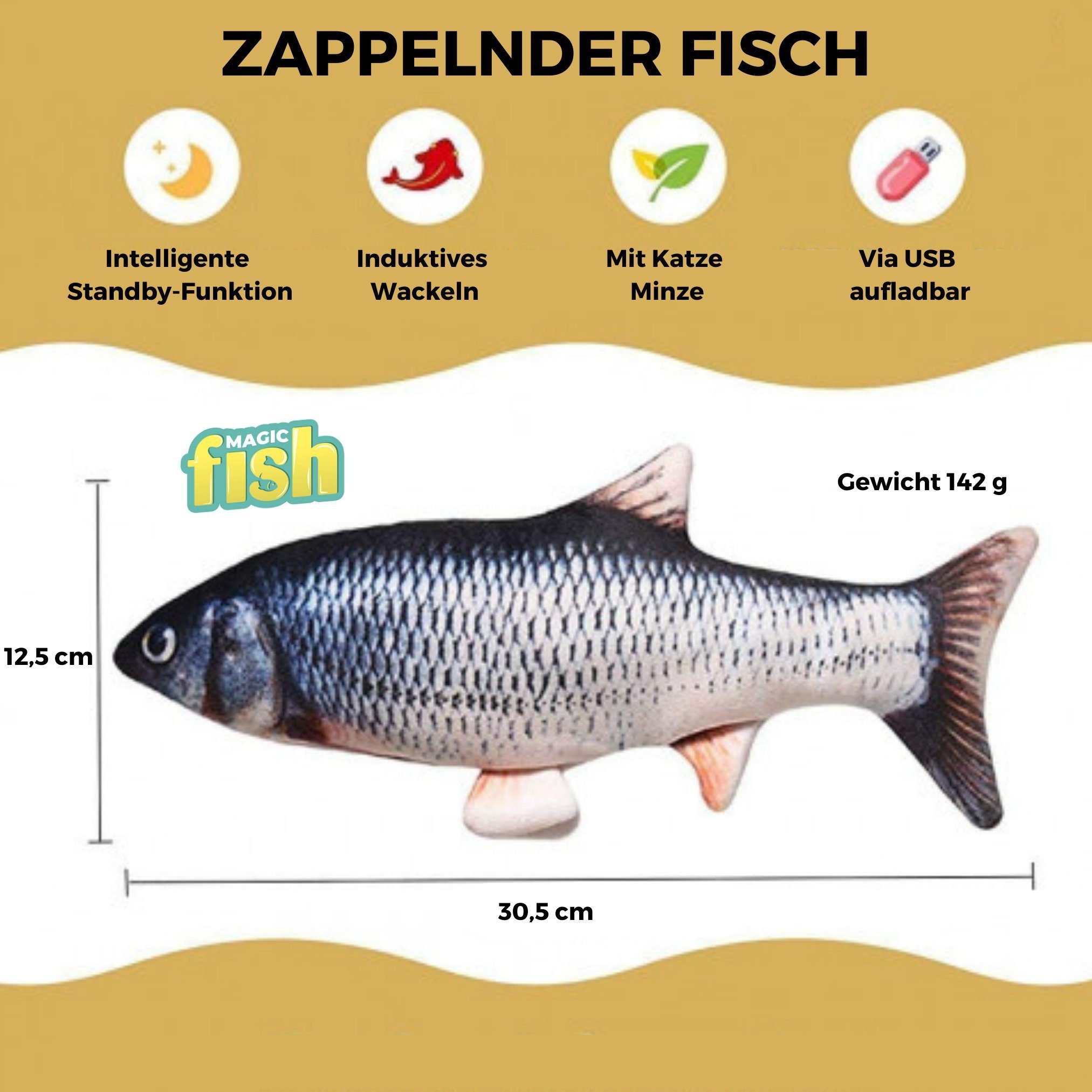 Best Direct® Tier-Beschäftigungsspielzeug Magic Fish®, Baumwolle, Polyester, Katzenspielzeug zappelnder, bewegender Fisch mit Katzenminze