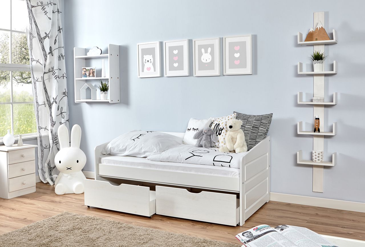 Ticaa Sofabett MINI Micki Buche weiß 80x160 cm Var 4 - mit 2er Schubkästen - inkl. Matratze