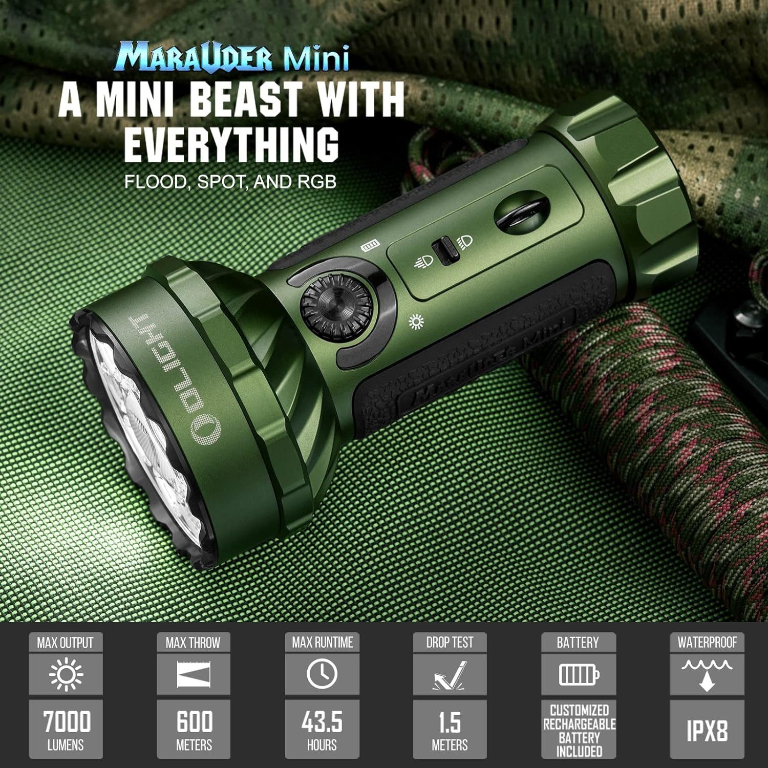 OLIGHT LED Taschenlampe Olight Marauder Mini Leistungsstarke Taschenlampe, 7000 Lumen 600 Meter, Wiederaufladbar, mit Strahler und Flutlich