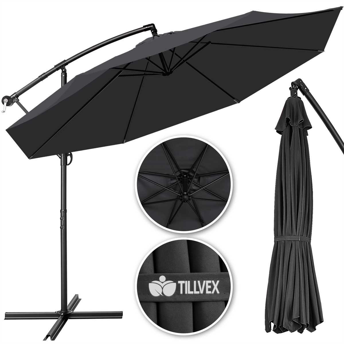 tillvex Sonnenschirm Ø 300 cm mit Kurbel, Ampelschirm mit Ständer, Gartenschirm UV-Schutz Aluminium, Kurbelschirm Marktschirm wasserdicht