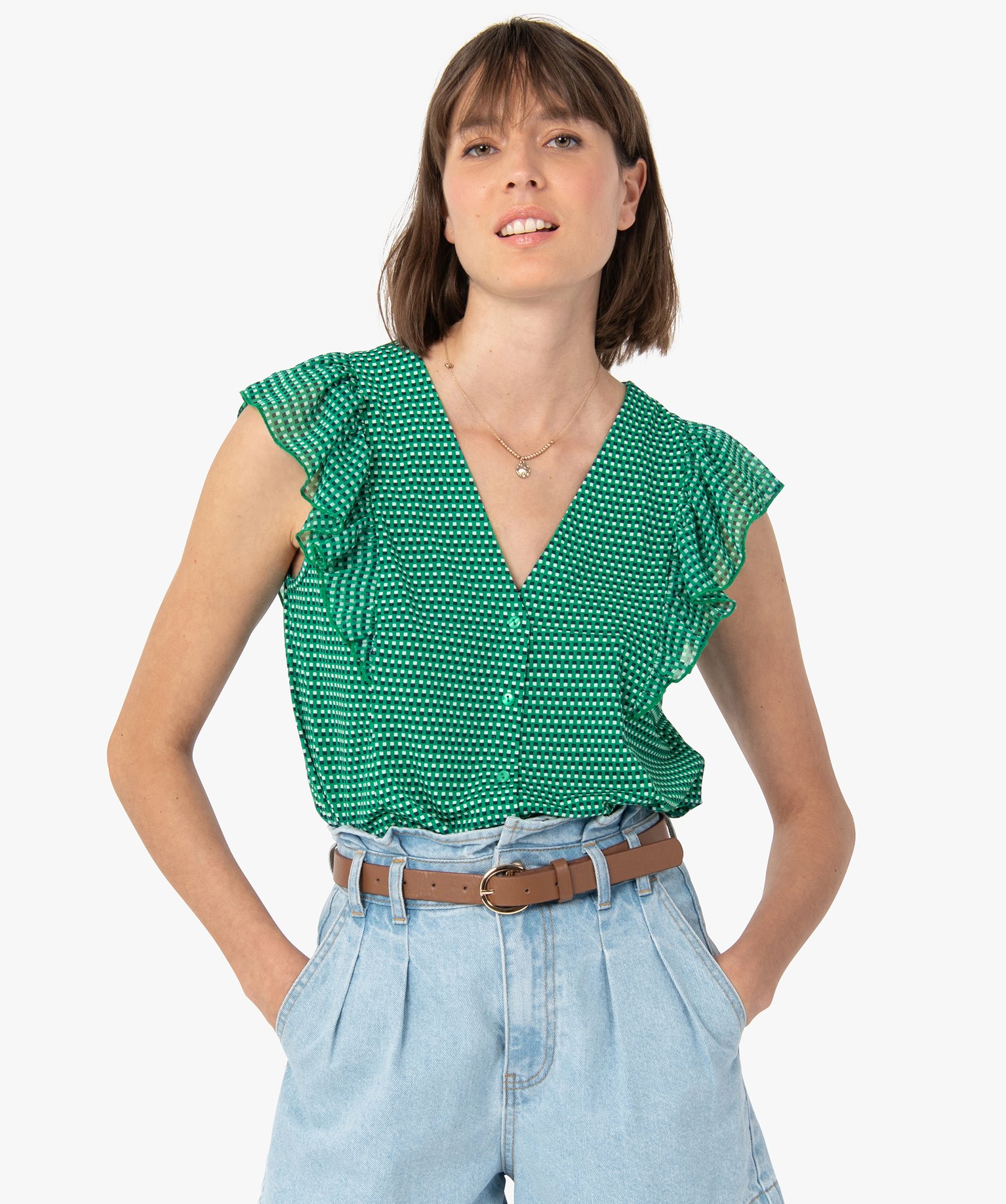 Tee-shirt femme à manches courtes avec volants sur les épa... imprime | GEMO