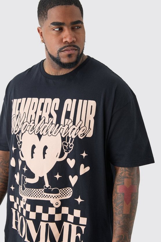 Plus schwarzes T-Shirt mit Members Club Worldwide Print