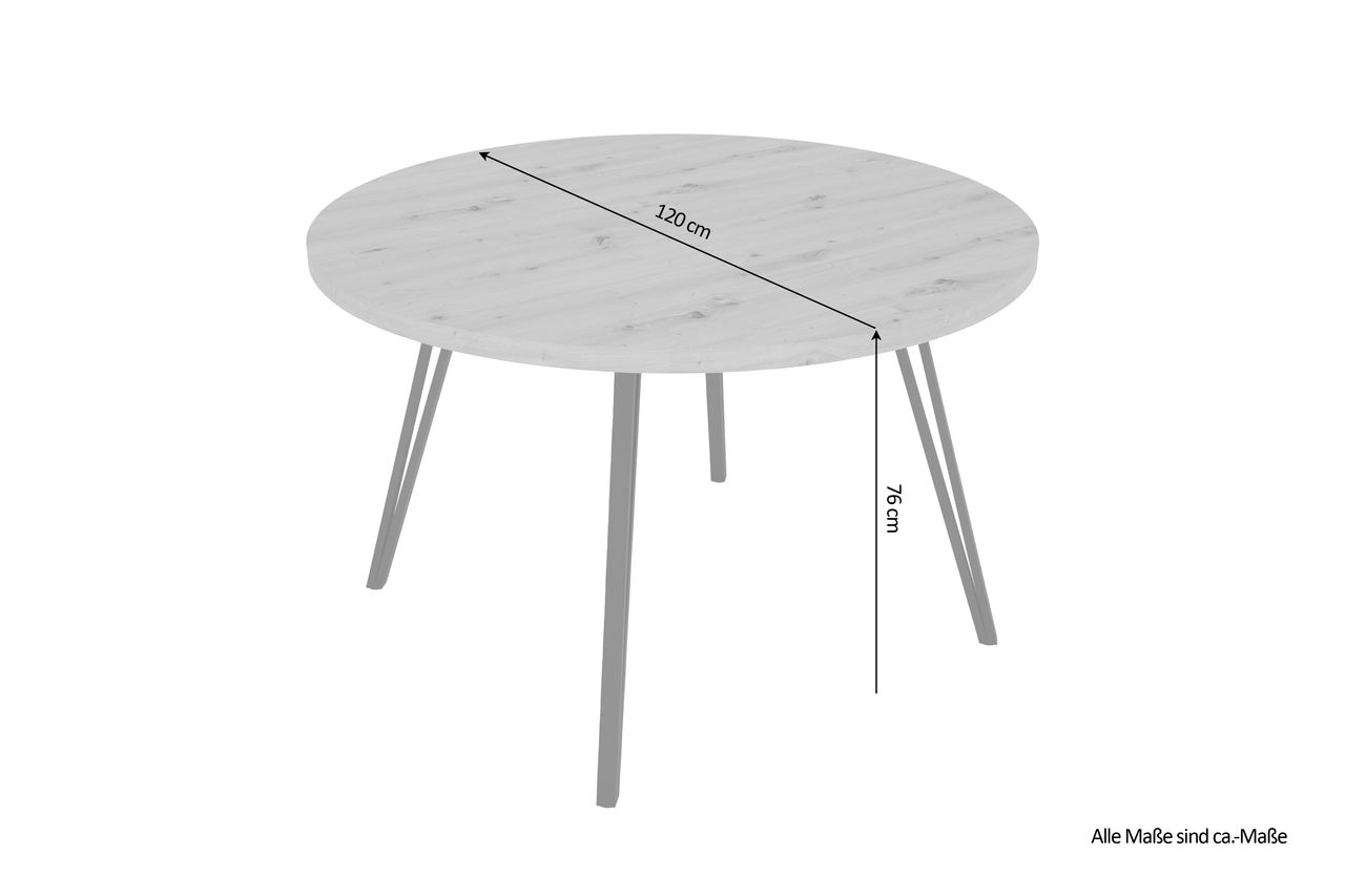 byLiving MARTA Tisch, rund, Breite 120 cm, Metall schwarz pulverbeschichtet, Eiche-Optik