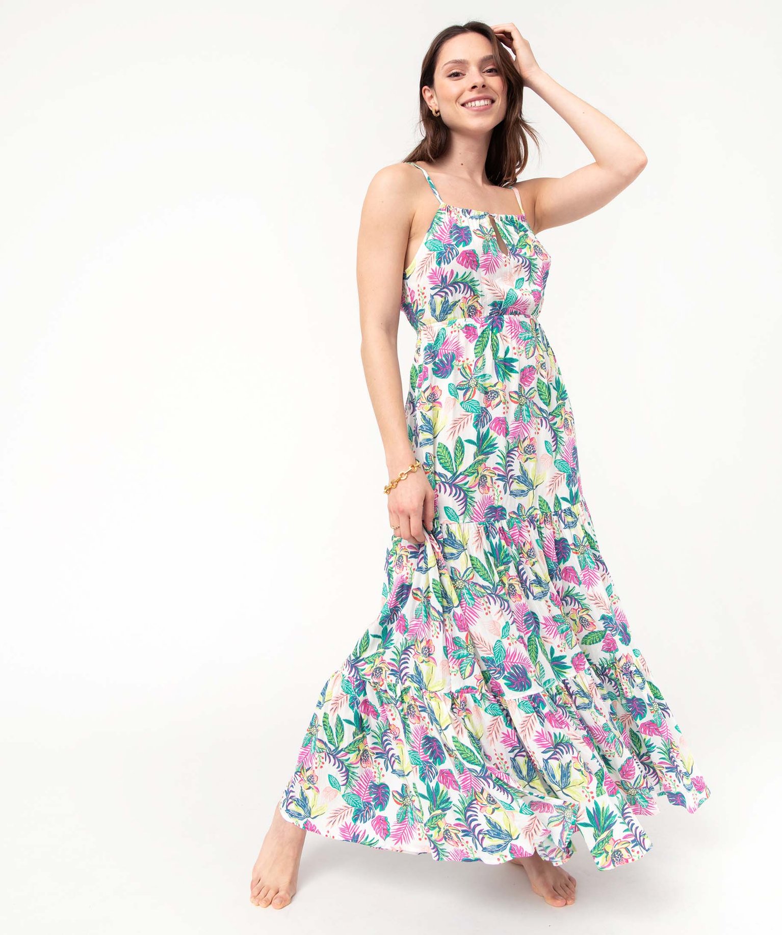 Robe de plage femme longue à fines bretelles imprime | GEMO