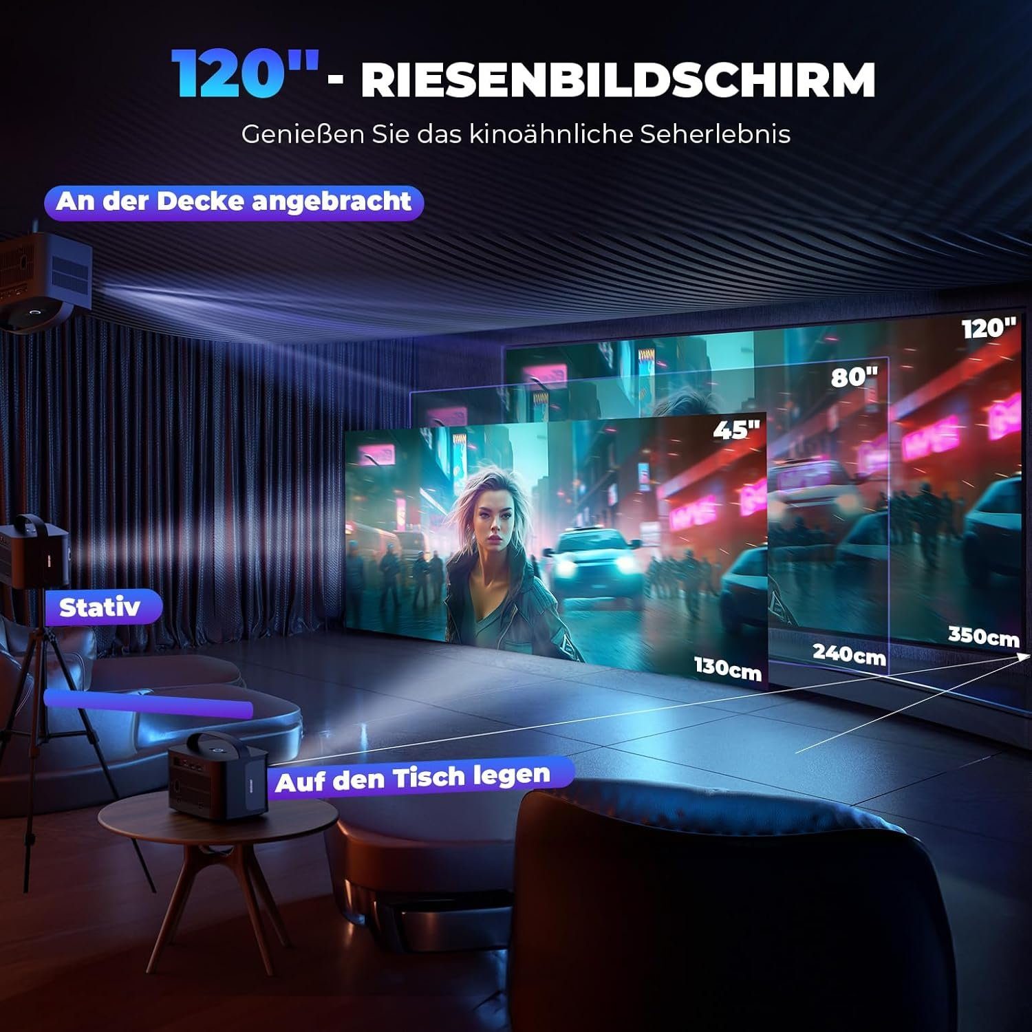 DEERFAMY 1080P 4K unterstützt ±40° Trapezkorrektur Portabler Projektor (15000 lm, 15000:1, Maximal 120