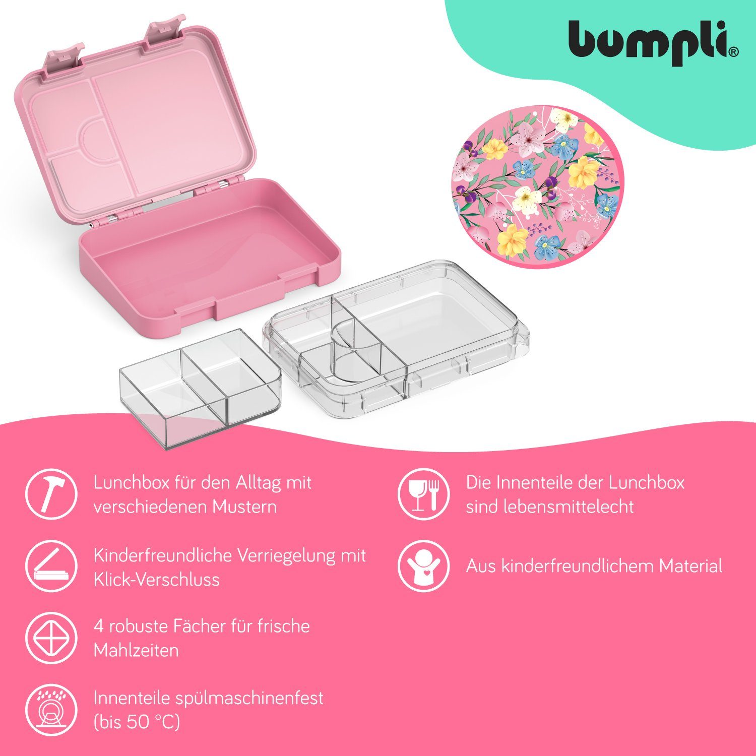 bumpli® Lunchbox 6 Fächer Kinder Brotdose Mit Motiven (6 Fächer) Brotbüchse, Vesperdose, Auslaufsicher & Kinderfreundliche Verriegelung