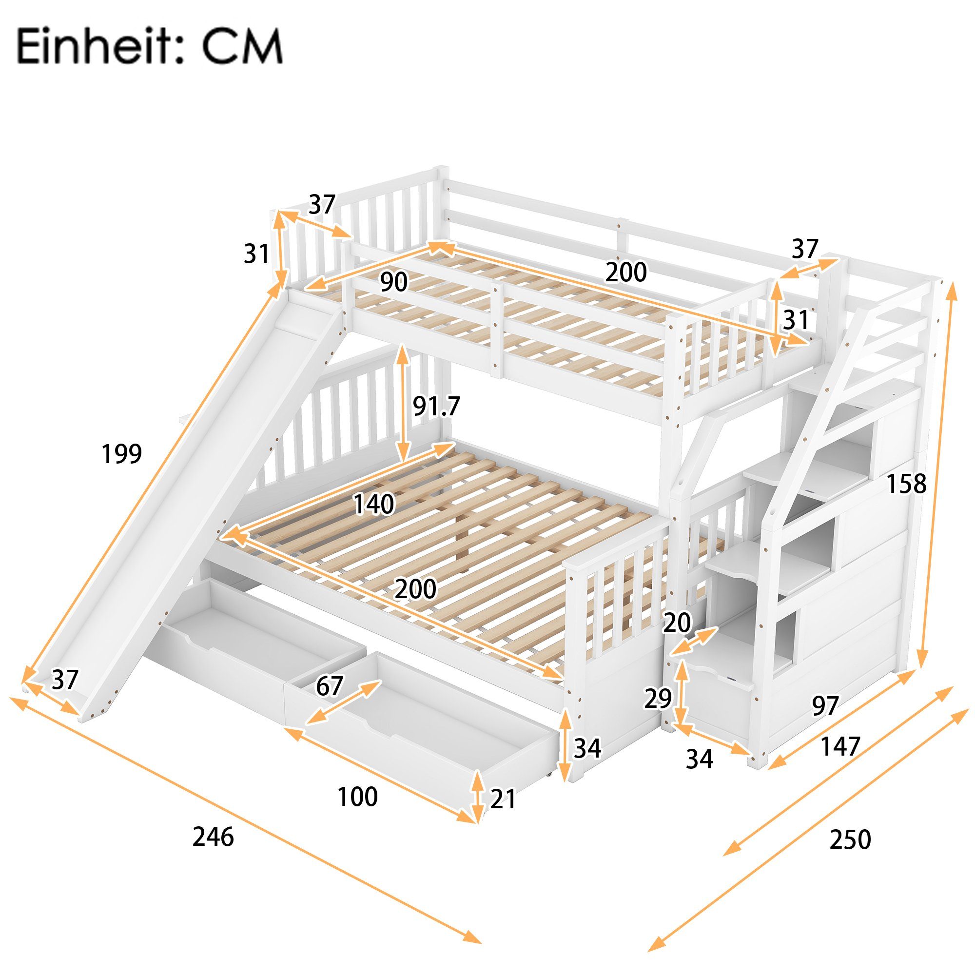 HAUSS SPLOE Kinderbett Etagenbett Holzbett Kinderbett Hochbett Bettrahmen Einzelbett (mit Schubladen, Stauraum und Rutsche, multifunktional, 90 x 200 über 140 x 200), Ohne Matratze