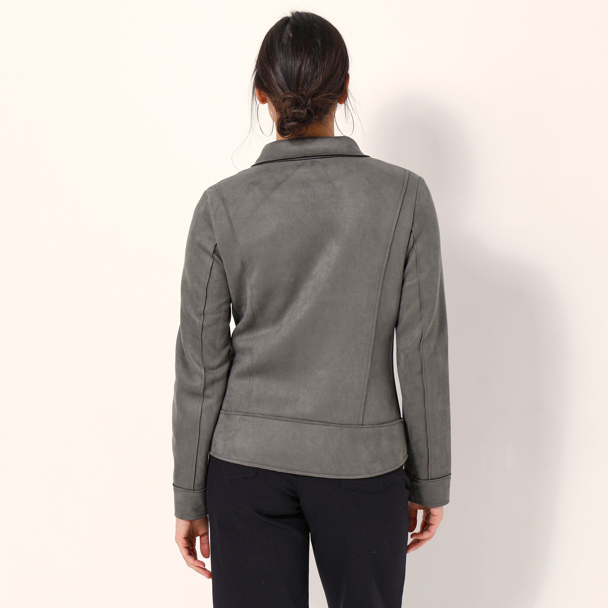 Blouson zippé col tailleur pressionné, suédine