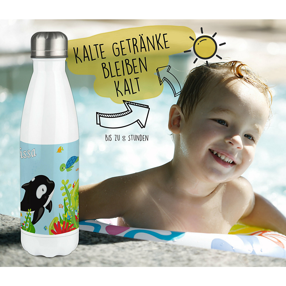 Edelstahl Kinder Thermoflasche / Trinkflasche bunt Unterwasserwelt Spülmaschinenfest, Auslaufsicher, Bruchfest, Doppelwandig, Für Heißgetränke geeignet, Mit Deckel, Isoliert