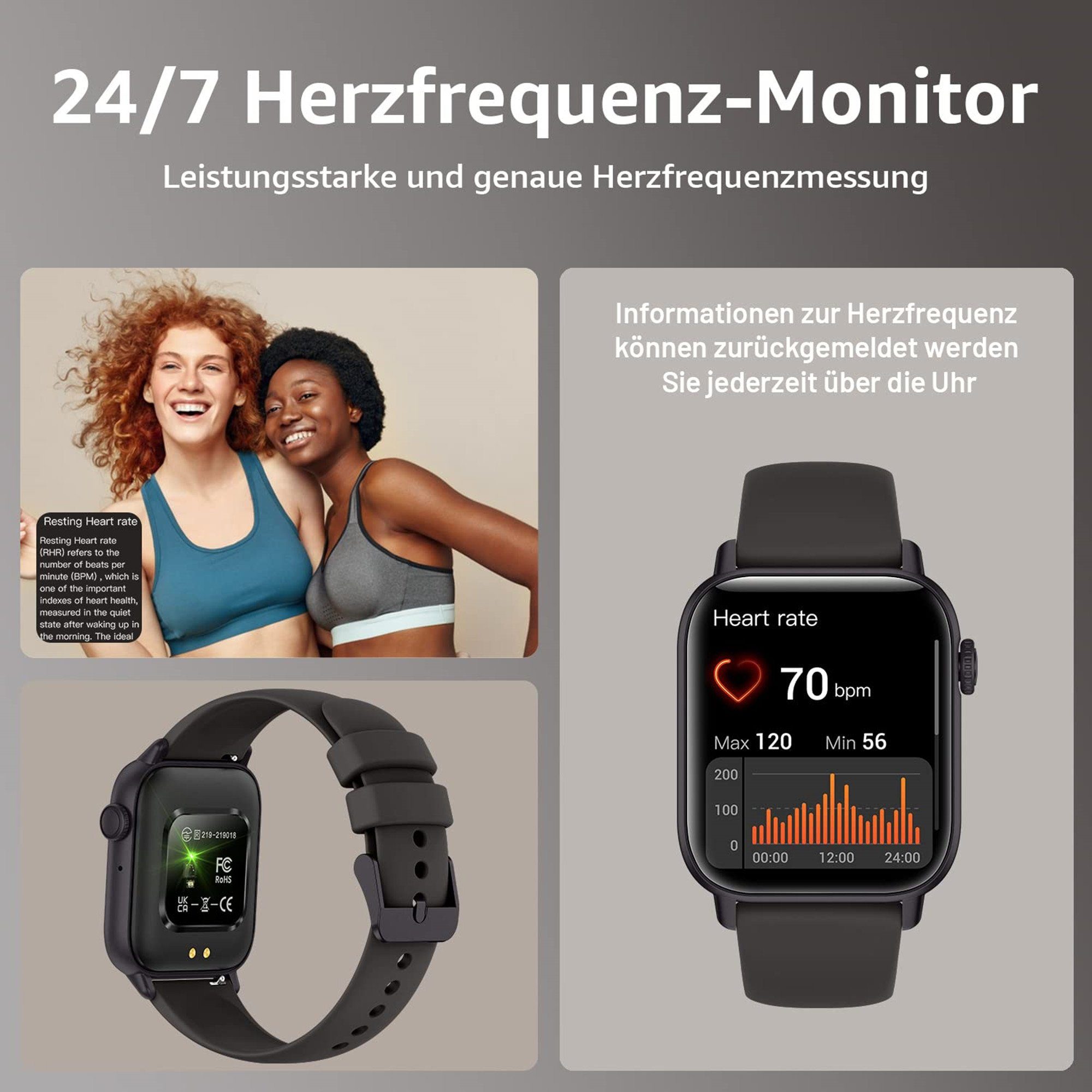 Tisoutec Smartwatch Damen Herren Fitness Tracker Fitnessuhr Smartwatch (Fitnessuhr /WhatsApp Notiz,Smartwatch Fitness Tracker Uhr IP68 Wasserdicht,1.69