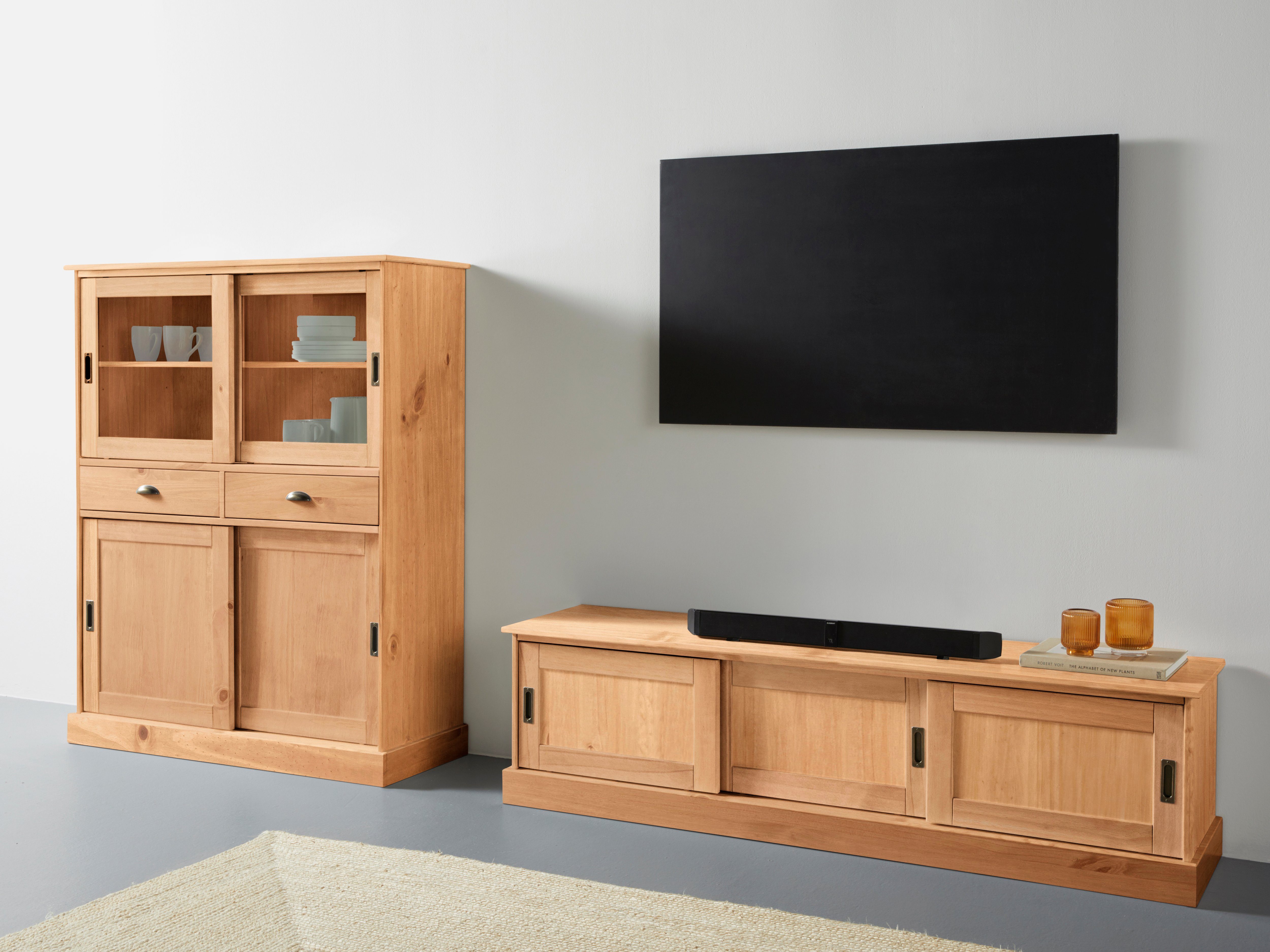 Home affaire Highboard Schröder, mit 2 Glas- u. 2 Holztüren, 2 Schubkasten, aus massivem Kiefernholz