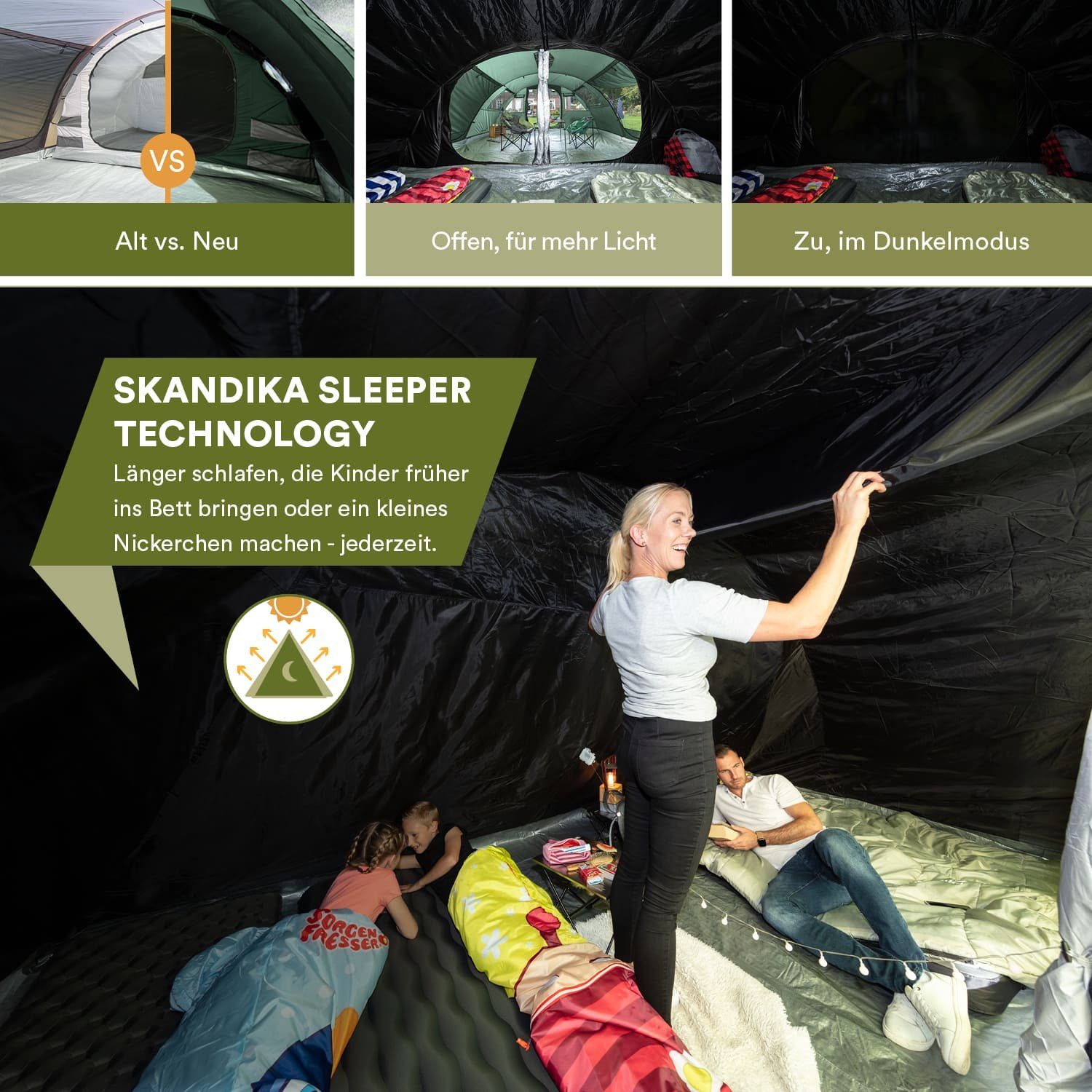 Skandika Tunnelzelt Gotland 6 Sleeper Protect (grün), Familienzelt mit eingenähtem Zeltboden, 5000 mm Wassersäule