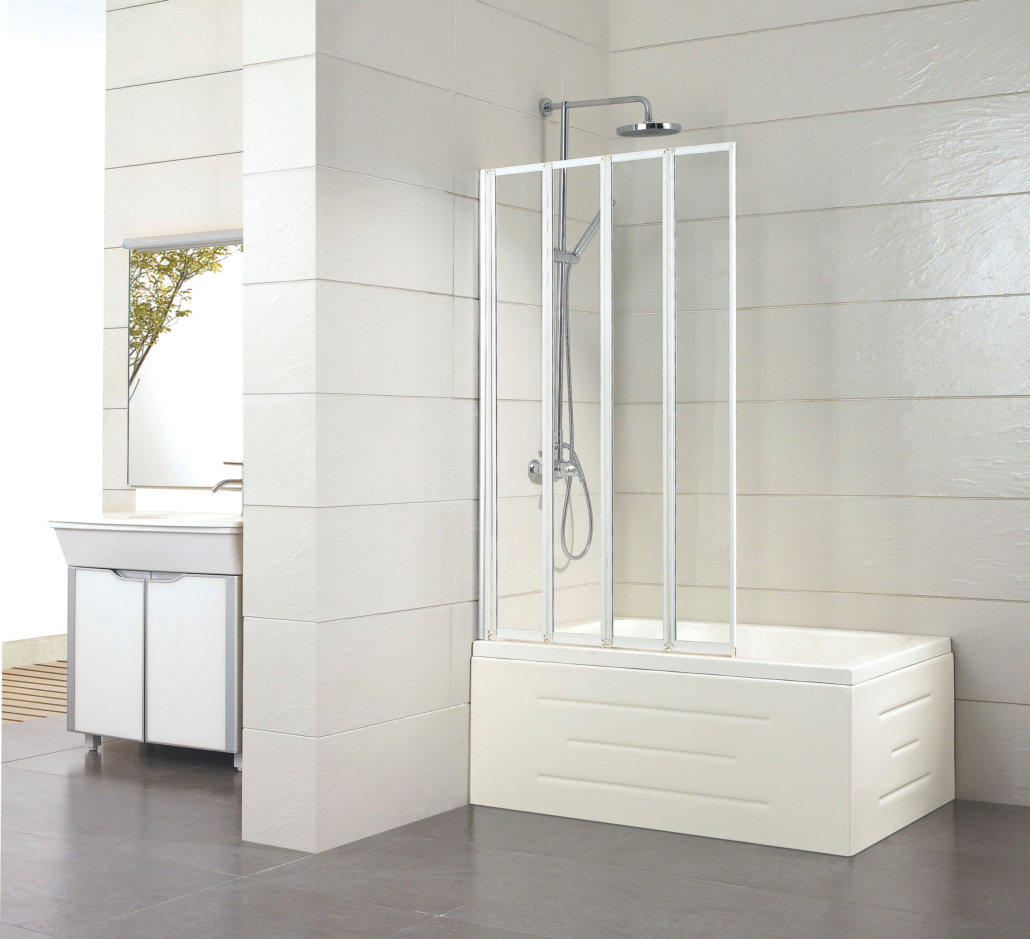 welltime Badewannenaufsatz Nassau, Einscheibensicherheitsglas, Badewannenfaltwand, Spritzschutzwand für Badewanne, Glas, 4 Elemente
