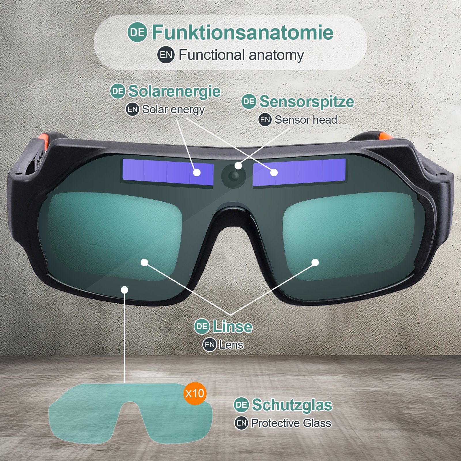 Yorbay Arbeitsschutzbrille Automatische Schweißeraugenbrille, solarbetriebene Schweißerbrille, Schweißschutzbrillen mit 10 Schutzgläser, einem Kopfband