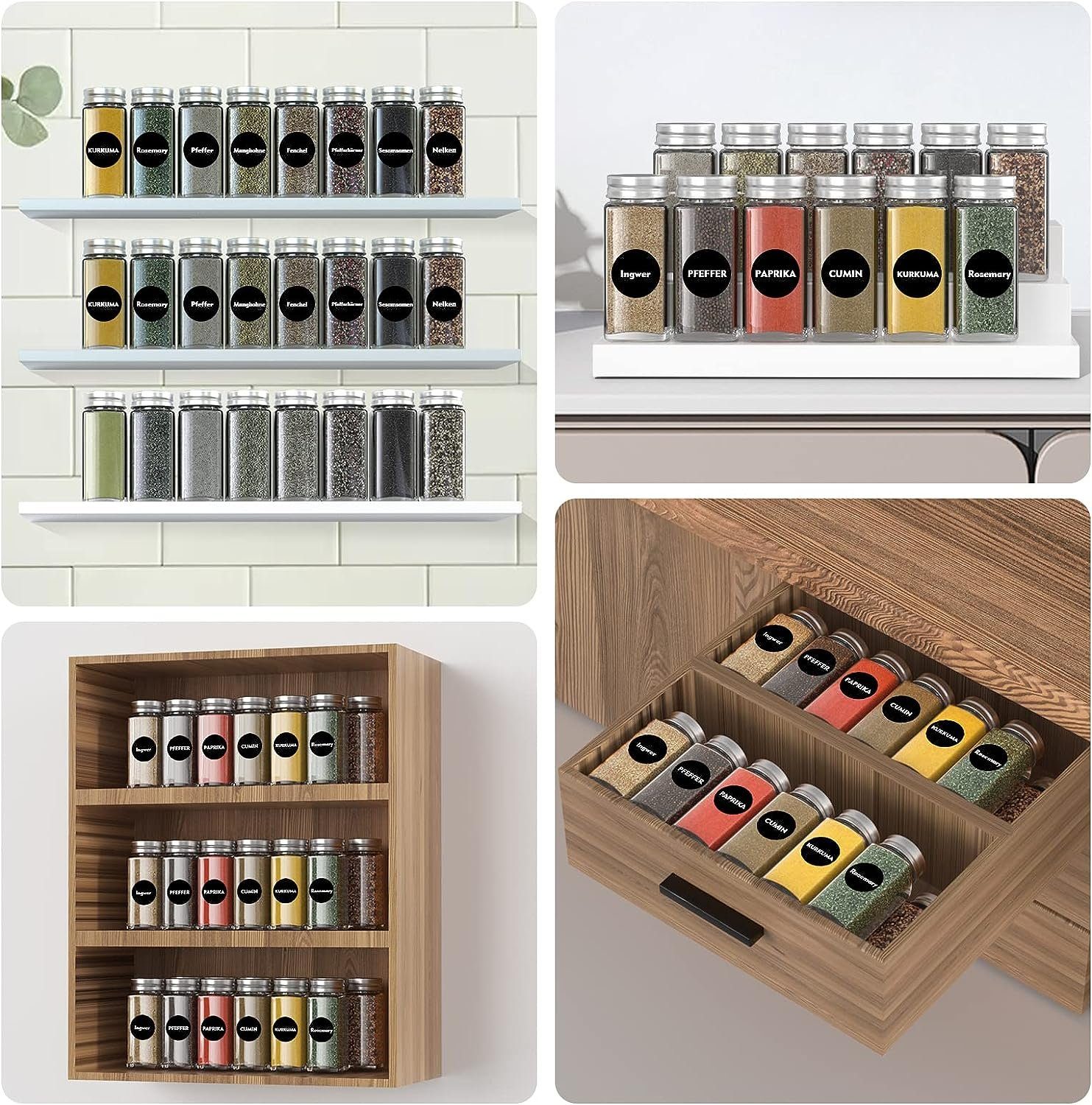 vokarala Gewürzbehälter Gewürzgläser Eckig 24 Set Glasbehälter Gewürzdosen aus Glas 120ml, (24-tlg), Gewürzstreuer mit Etiketten für Küche