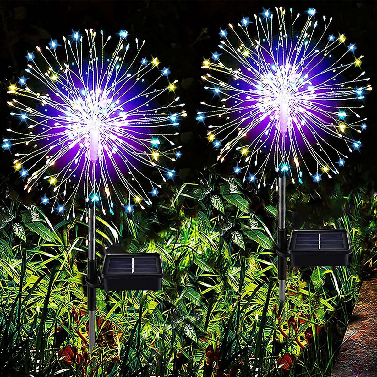 LETGOSPT LED Solarleuchte 2/4x Solar Feuerwerk Lichter 120 LEDs Gartenleuchten, IP65 Wasserdicht, LED fest integriert, bunt, Solarlampen für Außen Garten Terrasse Balkon Rasen Hinterhöfe Weg Deko