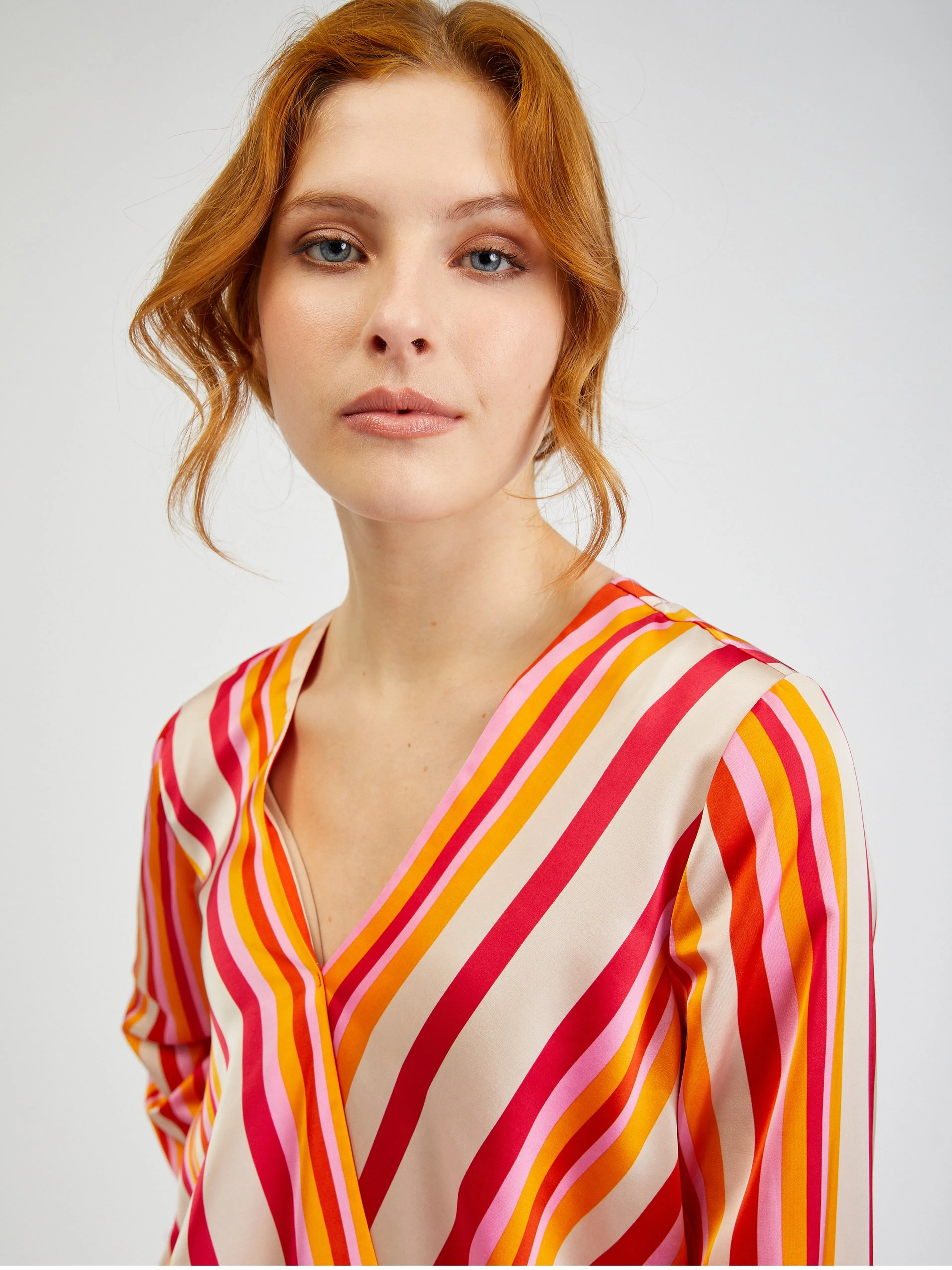 Rosa und orange gestreifte Damen-Satinbluse ORSAY