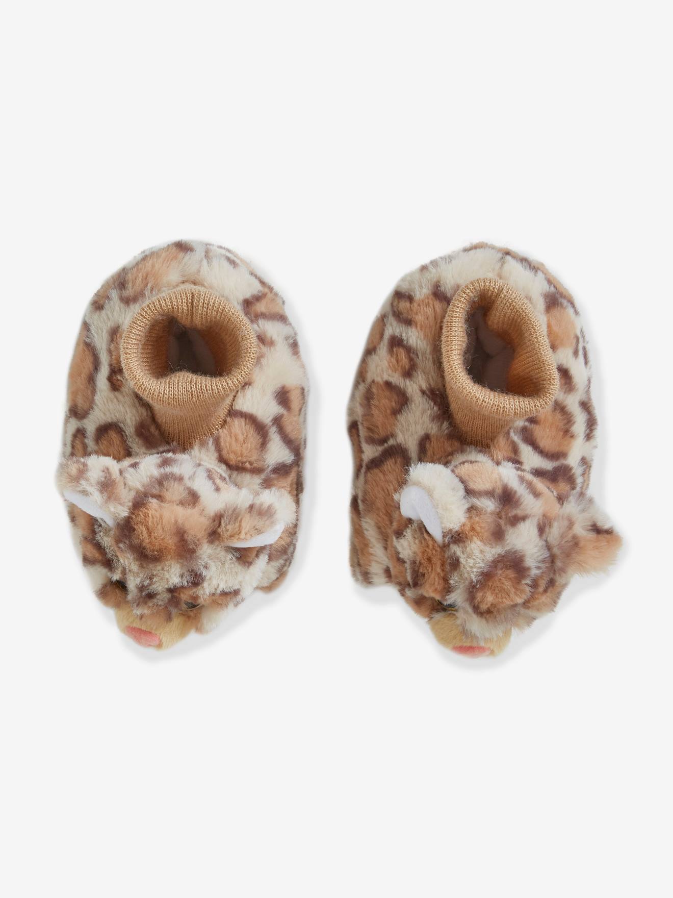 Chaussons bébé garçon esprit peluche beige imprimé léopard