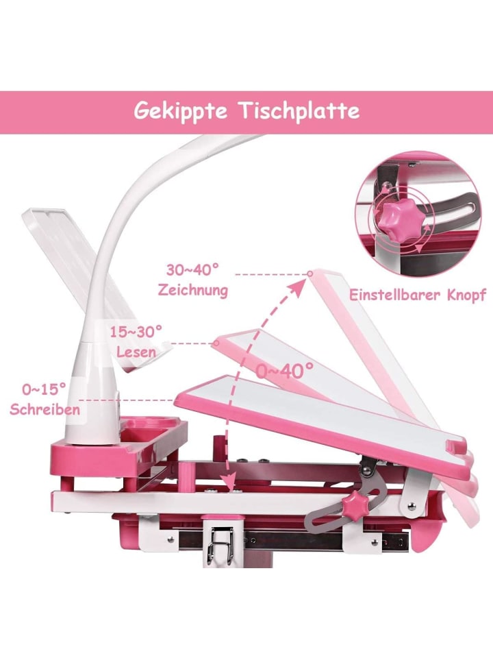 COSTWAY Kinderschreibtisch mit Lampe & Stuhl in Rosa günstig kaufen onesize
