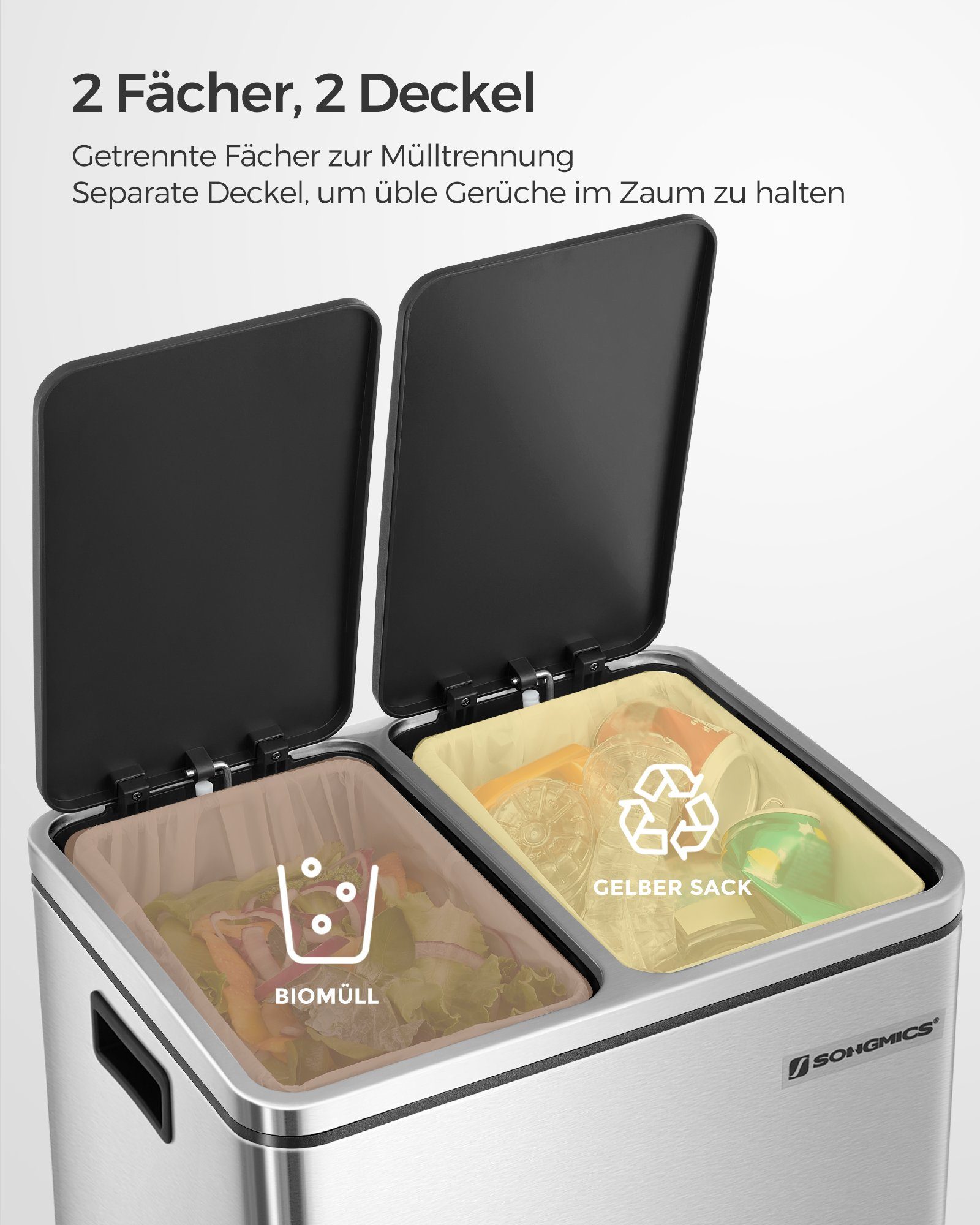 SONGMICS Mülleimer Metall-Fußreling, Abfalleimer, 30L, ergonomisch, Stahl
